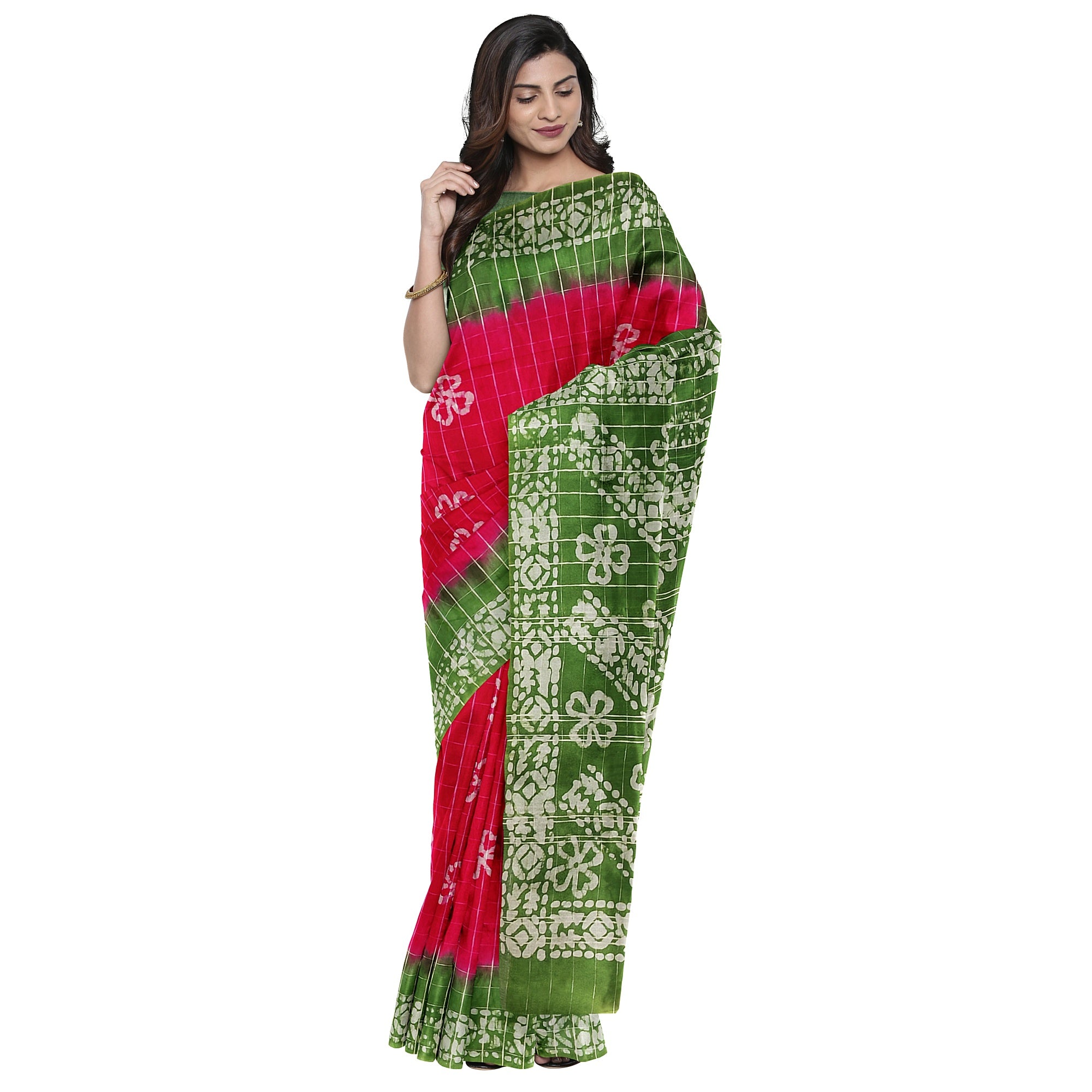 Pink Batik Print Saree – Parrot Green Border – Shop Online