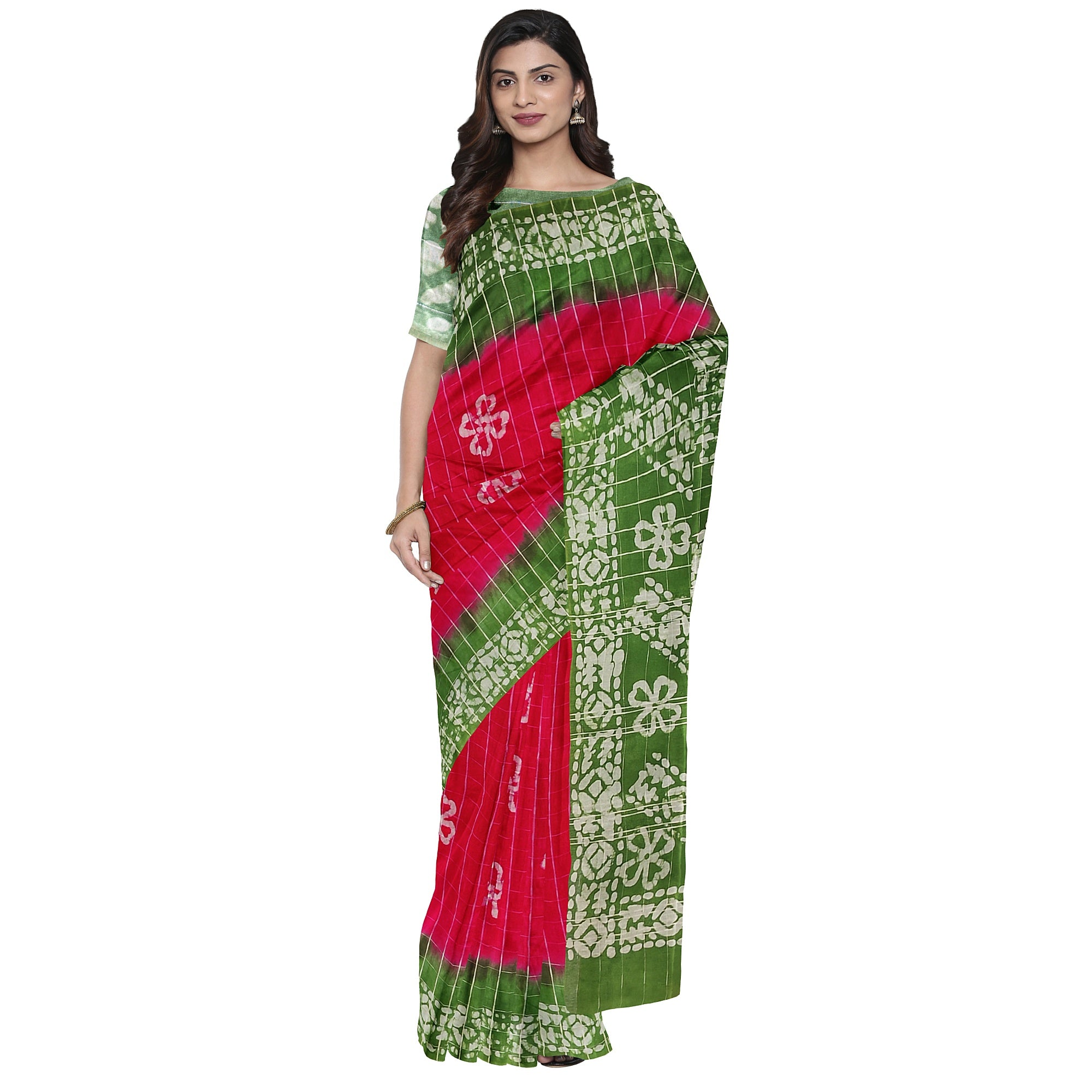 Pink Batik Print Saree – Parrot Green Border – Shop Online