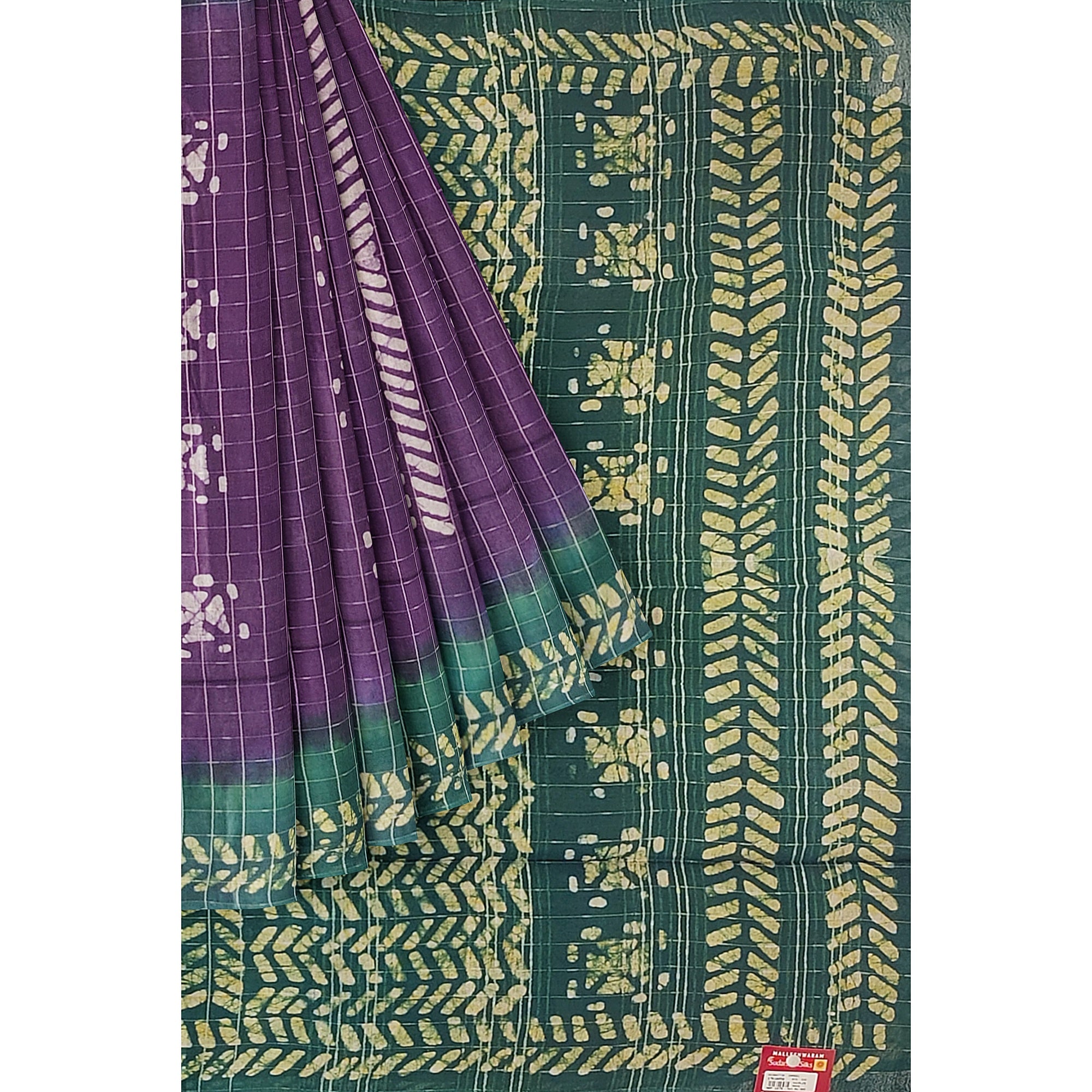 Purple Batik Print Saree – Green Border – Shop Online
