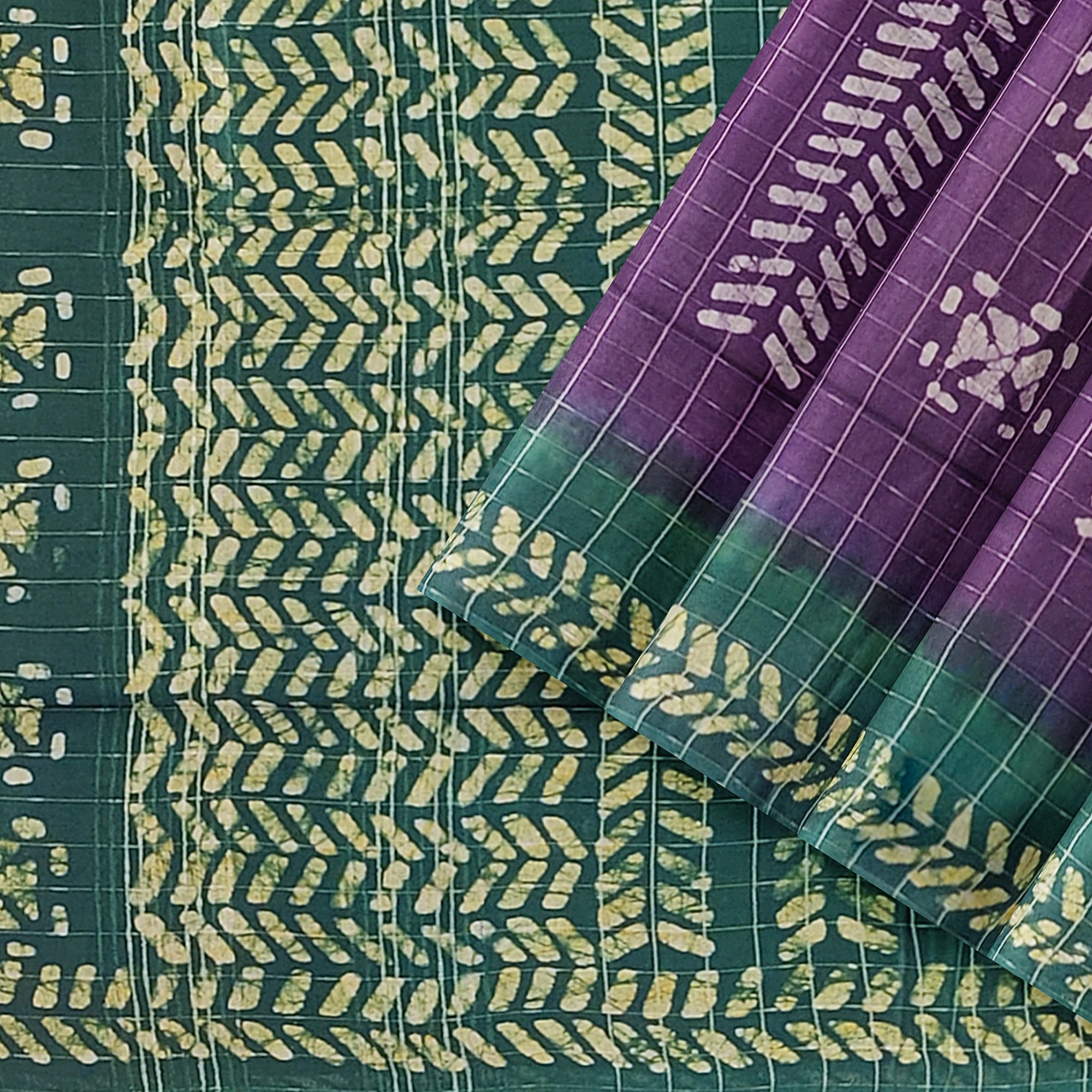 Purple Batik Print Saree – Green Border – Shop Online
