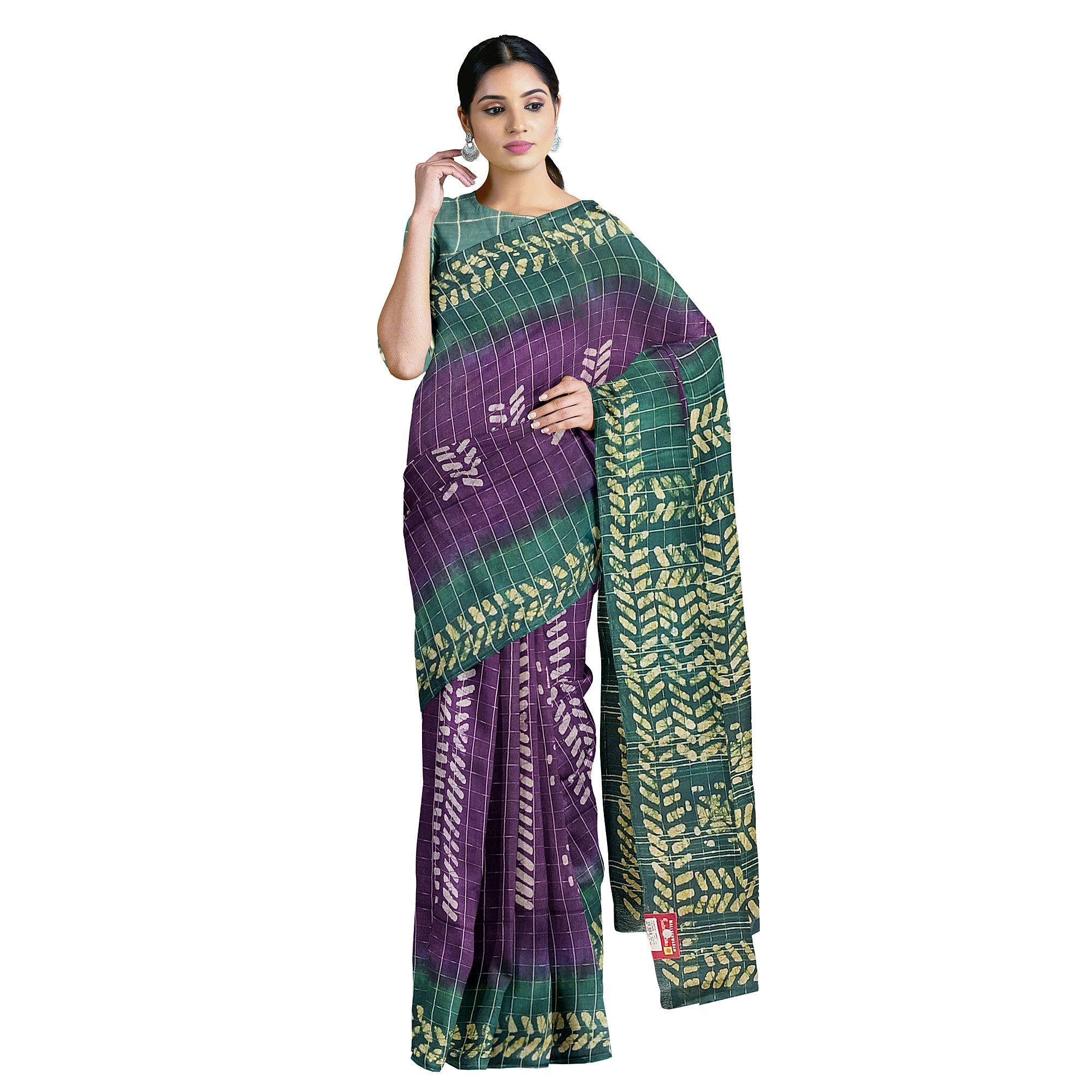Purple Batik Print Saree – Green Border – Shop Online