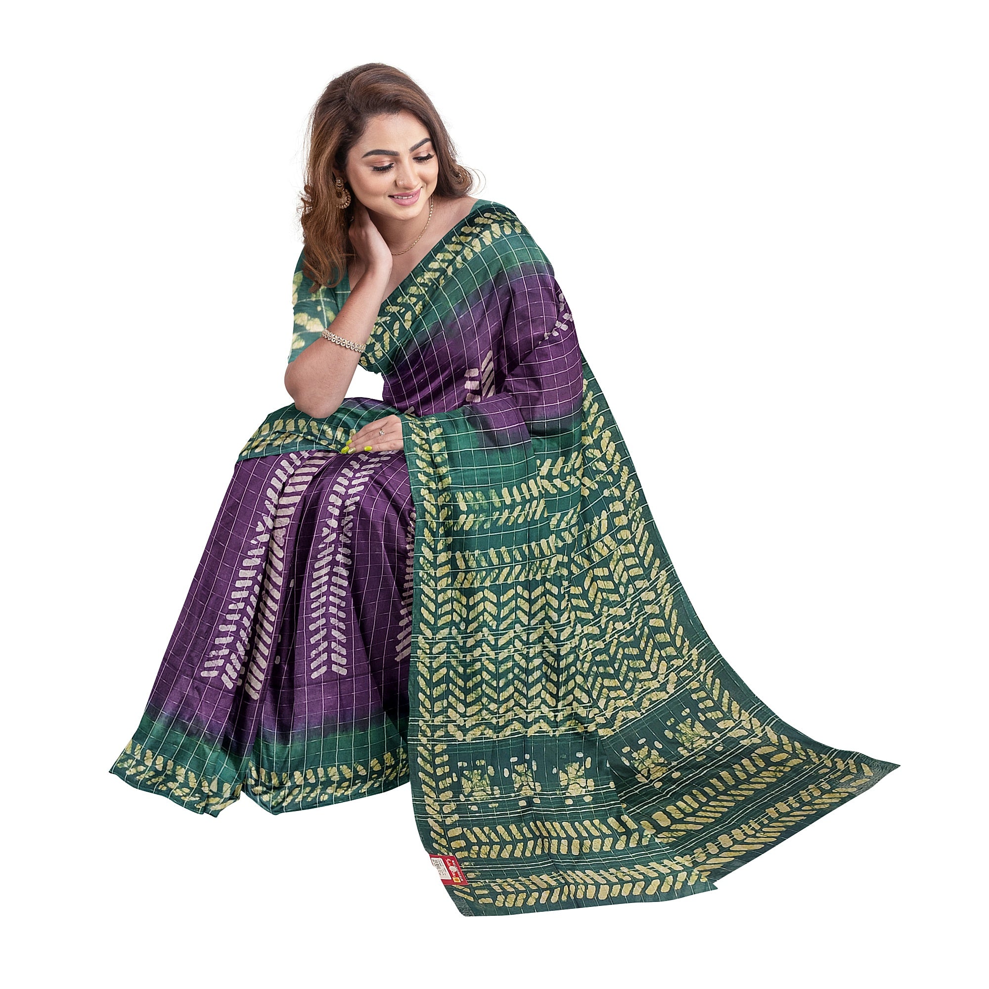 Purple Batik Print Saree – Green Border – Shop Online