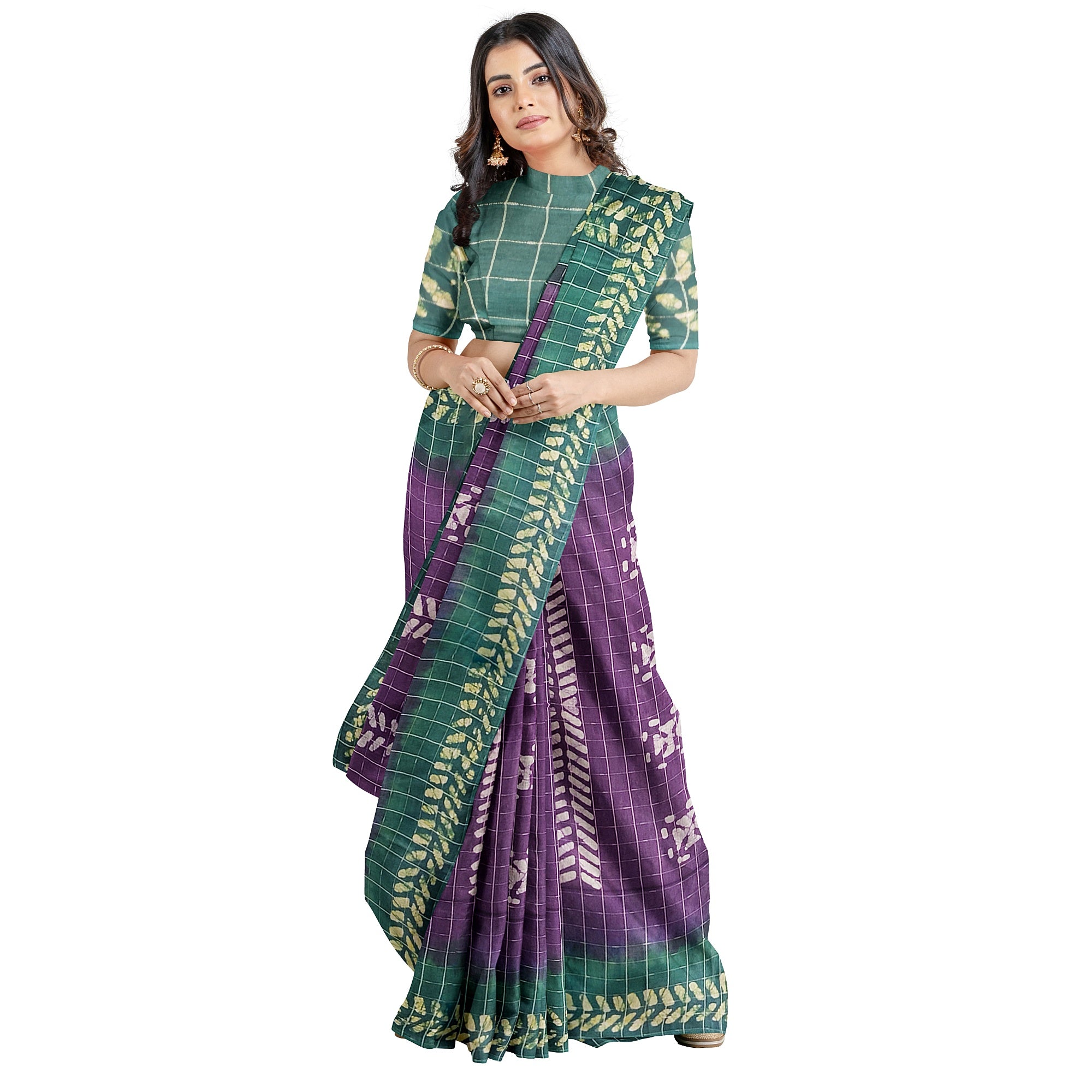 Purple Batik Print Saree – Green Border – Shop Online