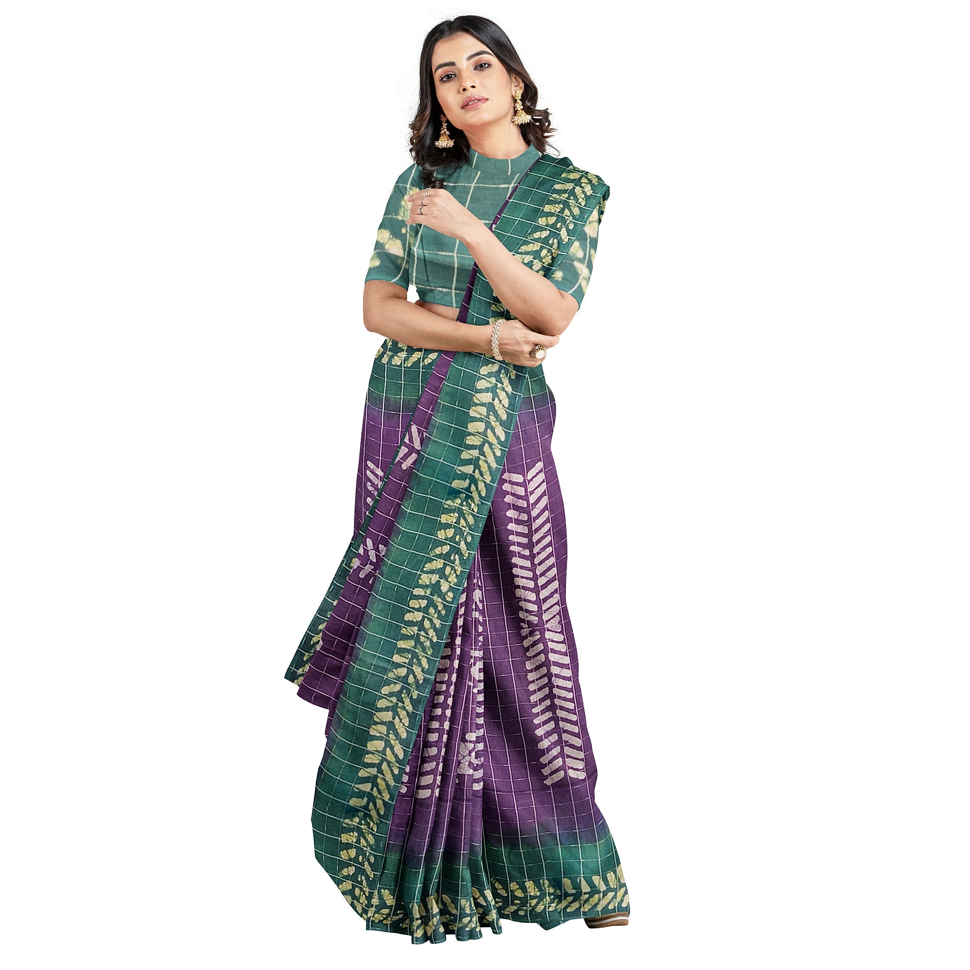 Purple Batik Print Saree – Green Border – Shop Online