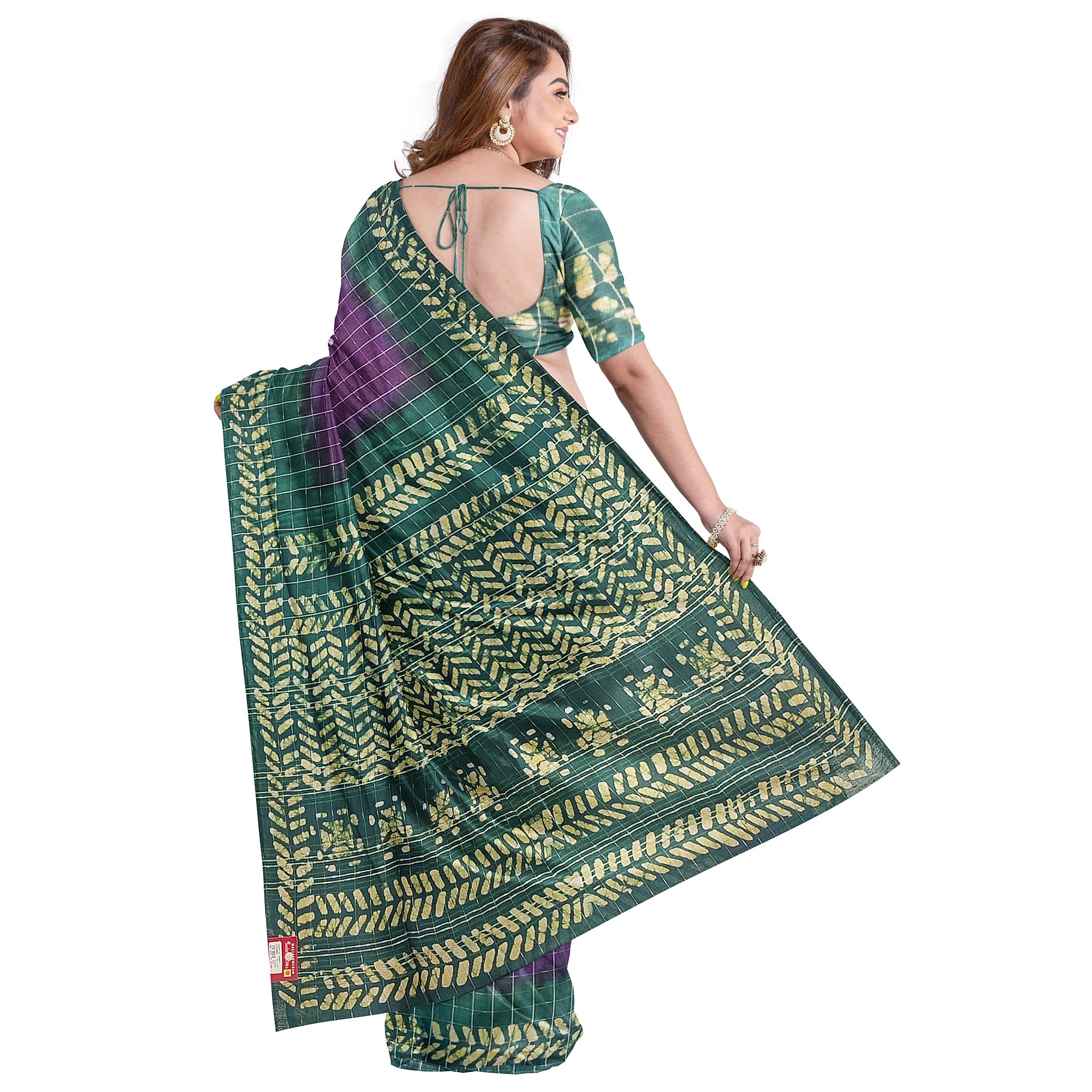 Purple Batik Print Saree – Green Border – Shop Online