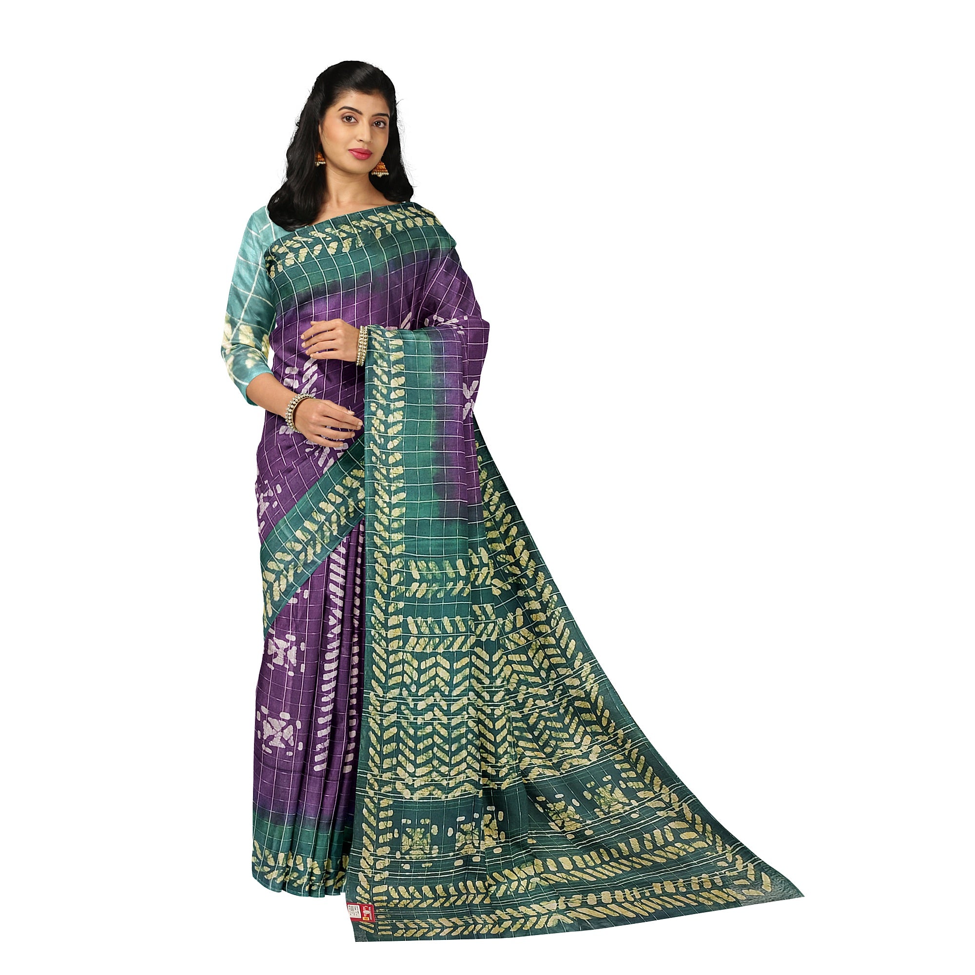 Purple Batik Print Saree – Green Border – Shop Online