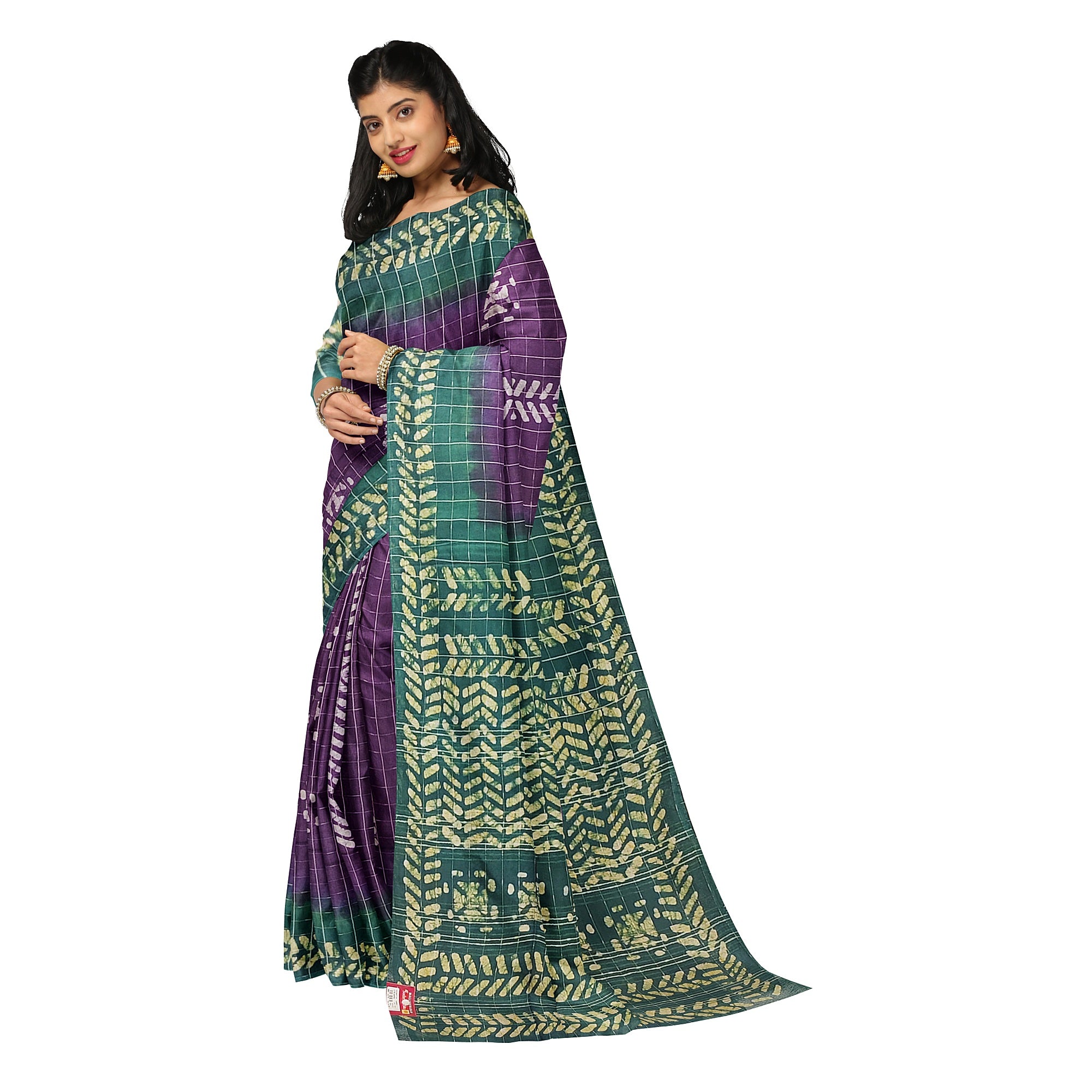 Purple Batik Print Saree – Green Border – Shop Online
