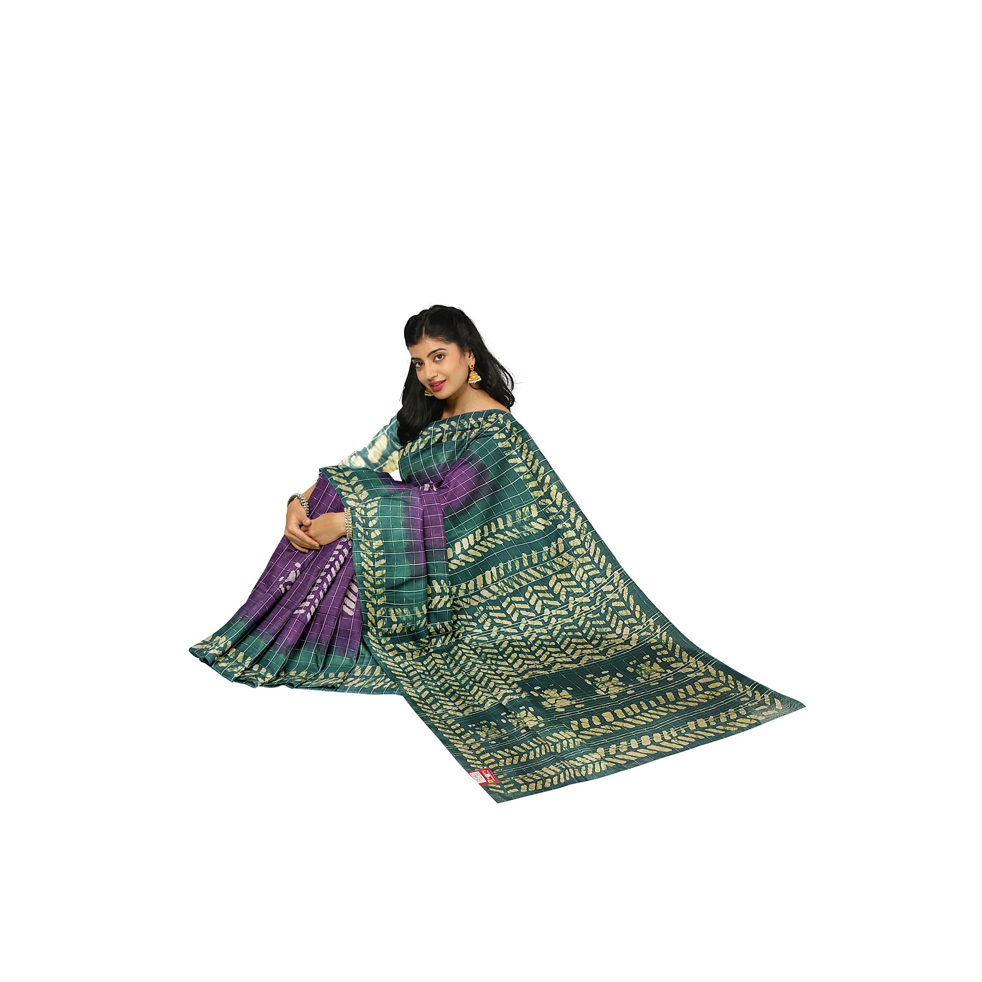Purple Batik Print Saree – Green Border – Shop Online