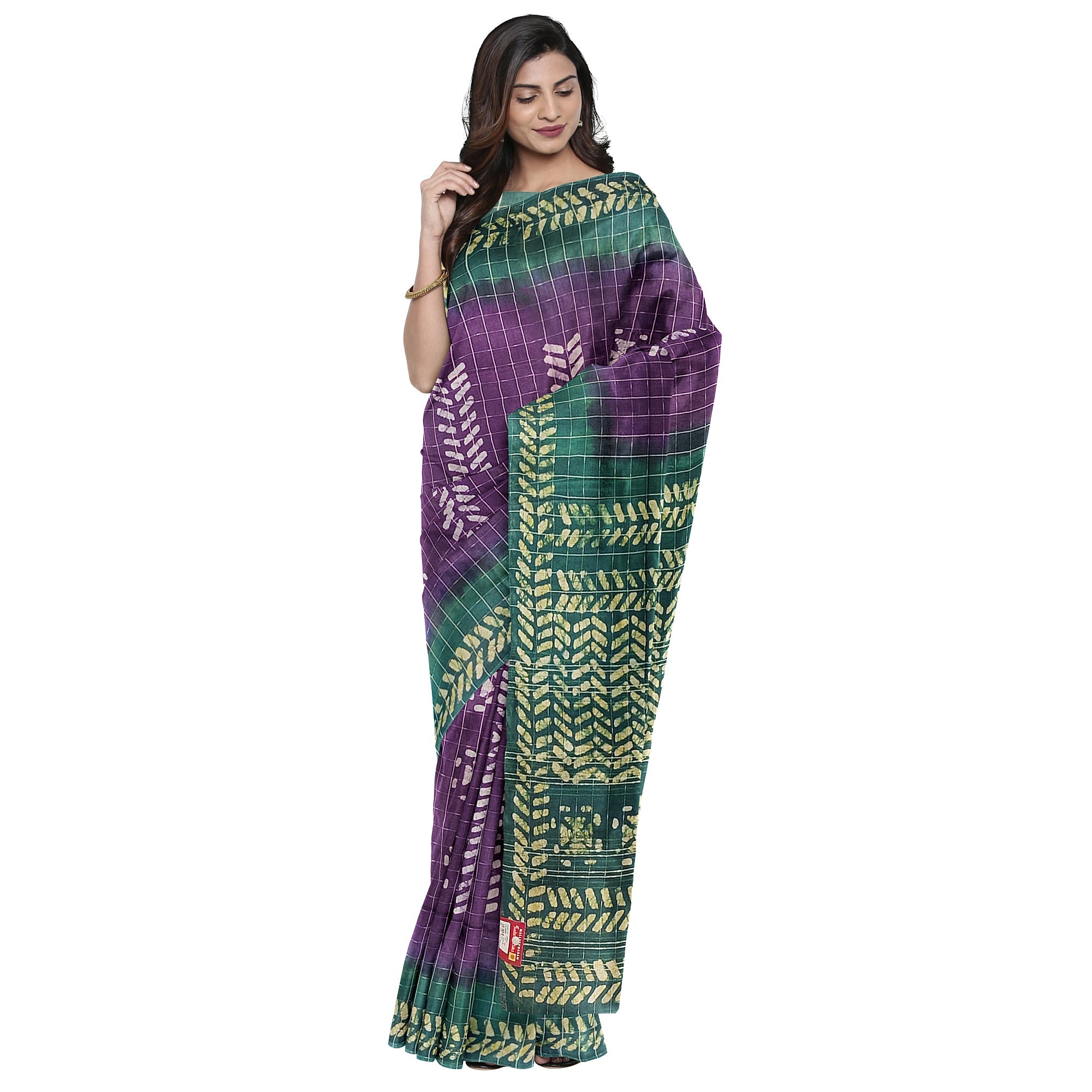 Purple Batik Print Saree – Green Border – Shop Online