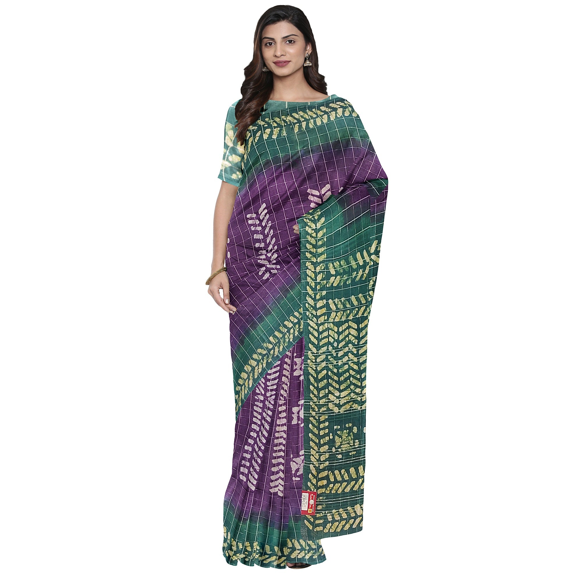 Purple Batik Print Saree – Green Border – Shop Online