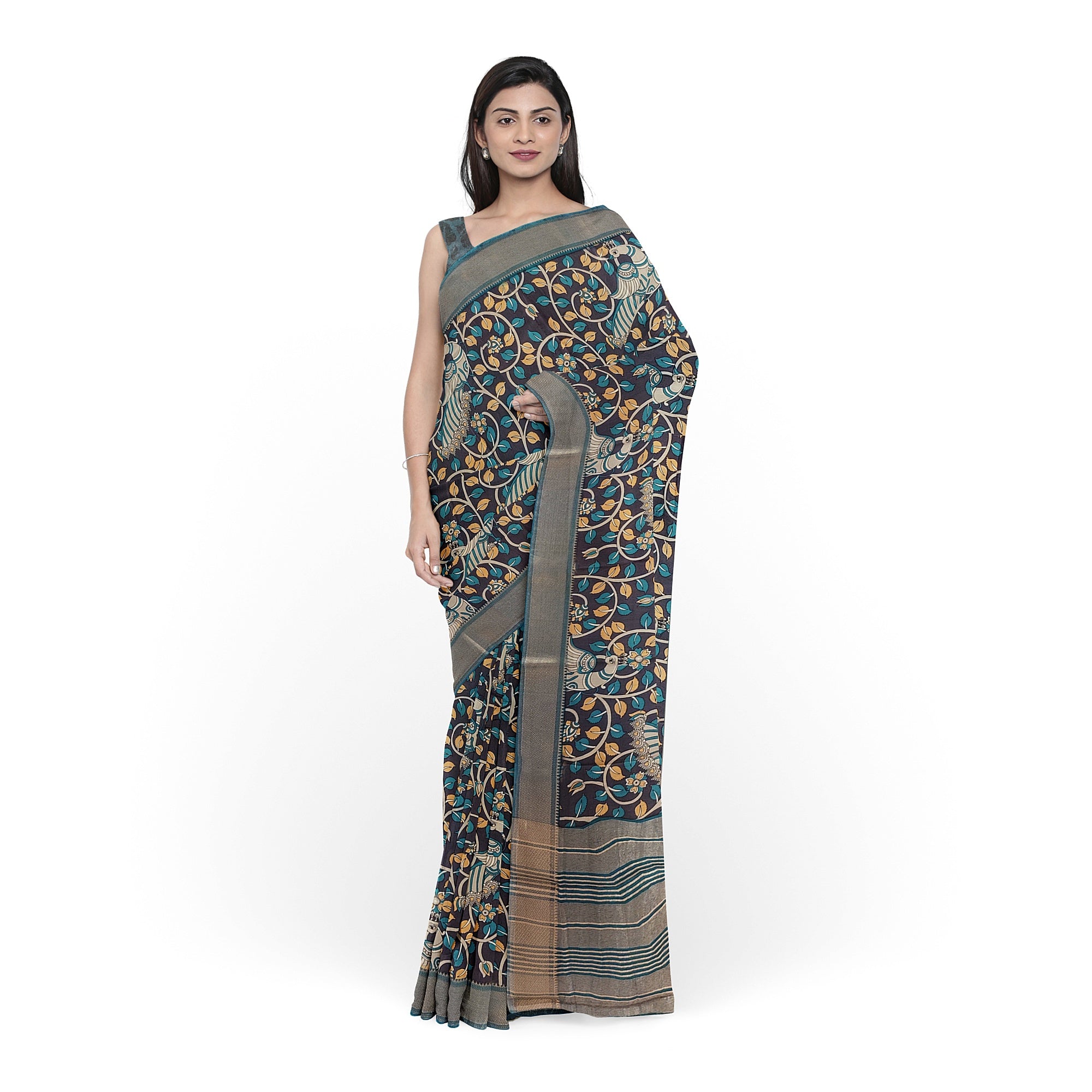 Printed Raw Silk Saree with Floral Design – Elegant Designer Saree for Special Occasions