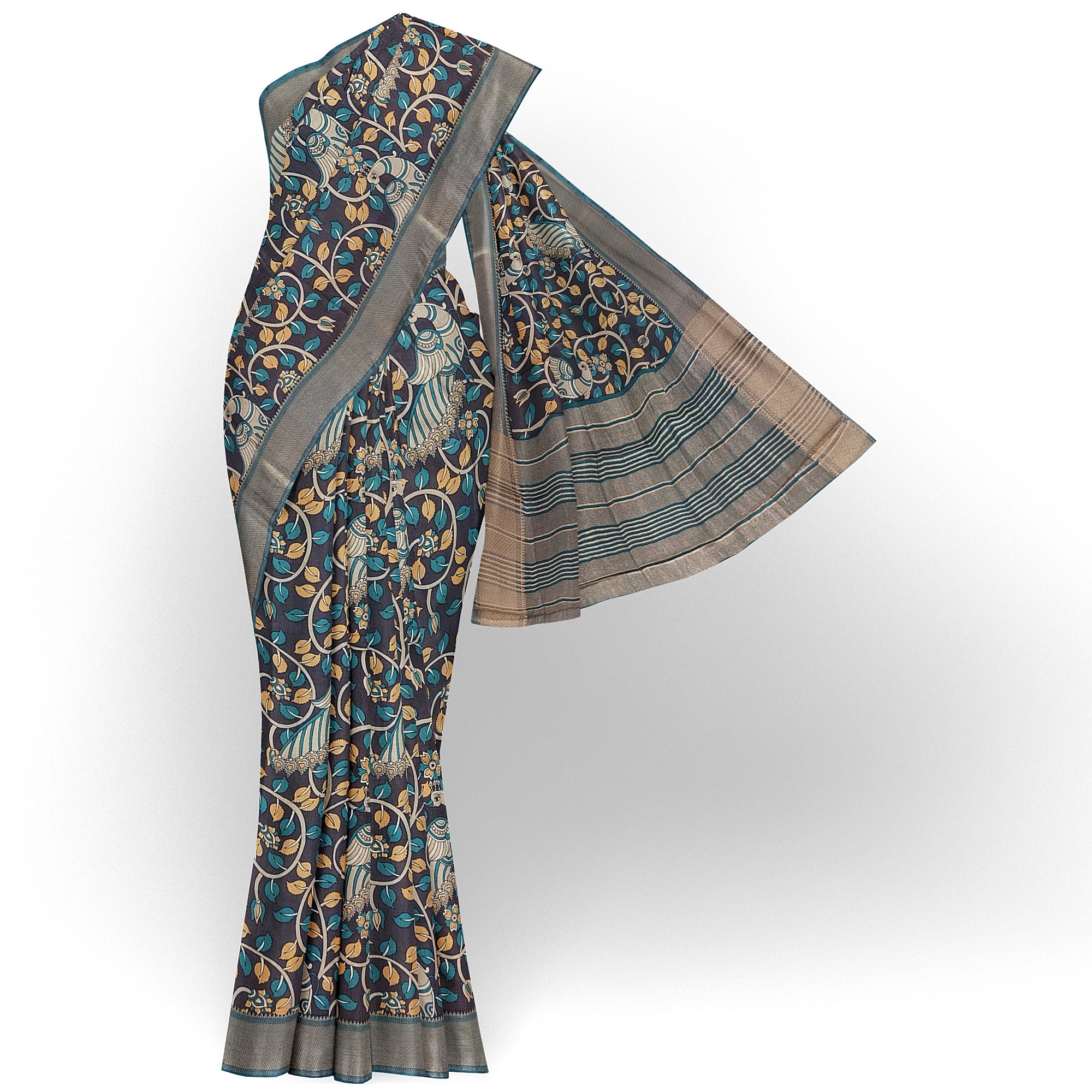 Printed Raw Silk Saree with Floral Design – Elegant Designer Saree for Special Occasions
