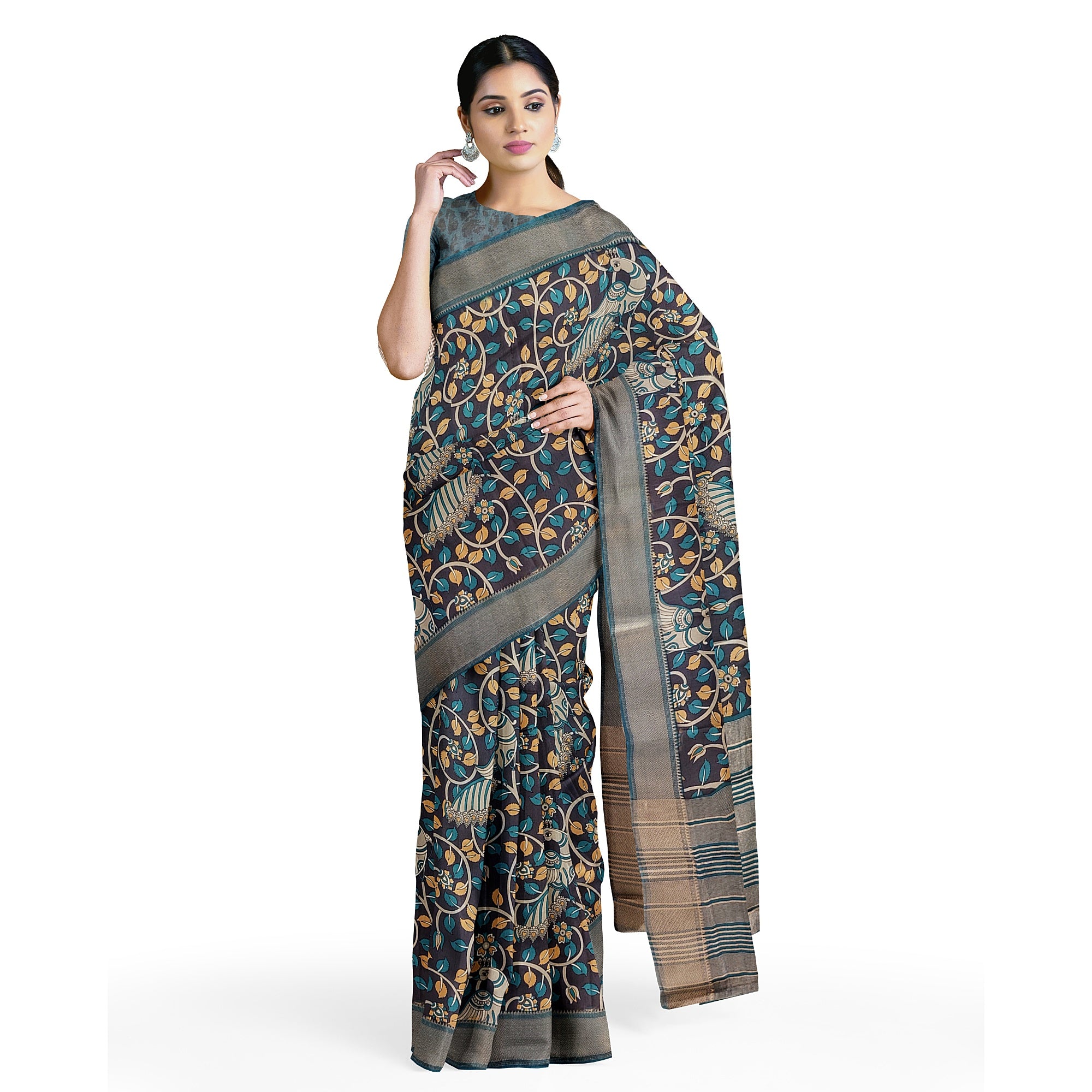 Printed Raw Silk Saree with Floral Design – Elegant Designer Saree for Special Occasions
