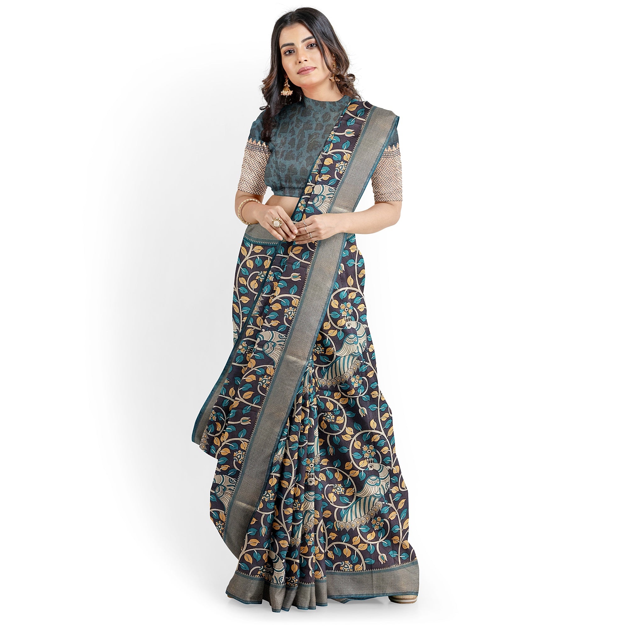 Printed Raw Silk Saree with Floral Design – Elegant Designer Saree for Special Occasions