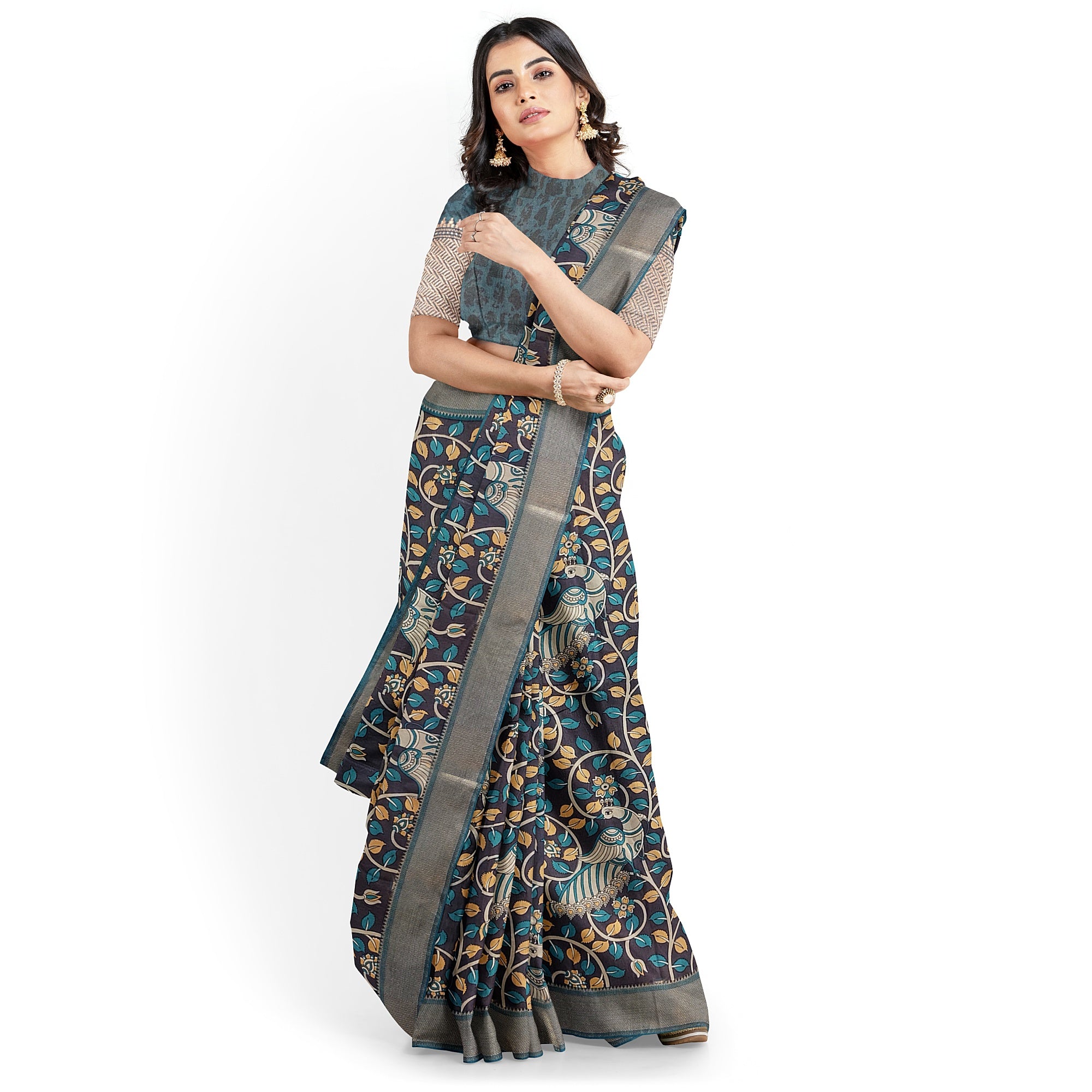 Printed Raw Silk Saree with Floral Design – Elegant Designer Saree for Special Occasions