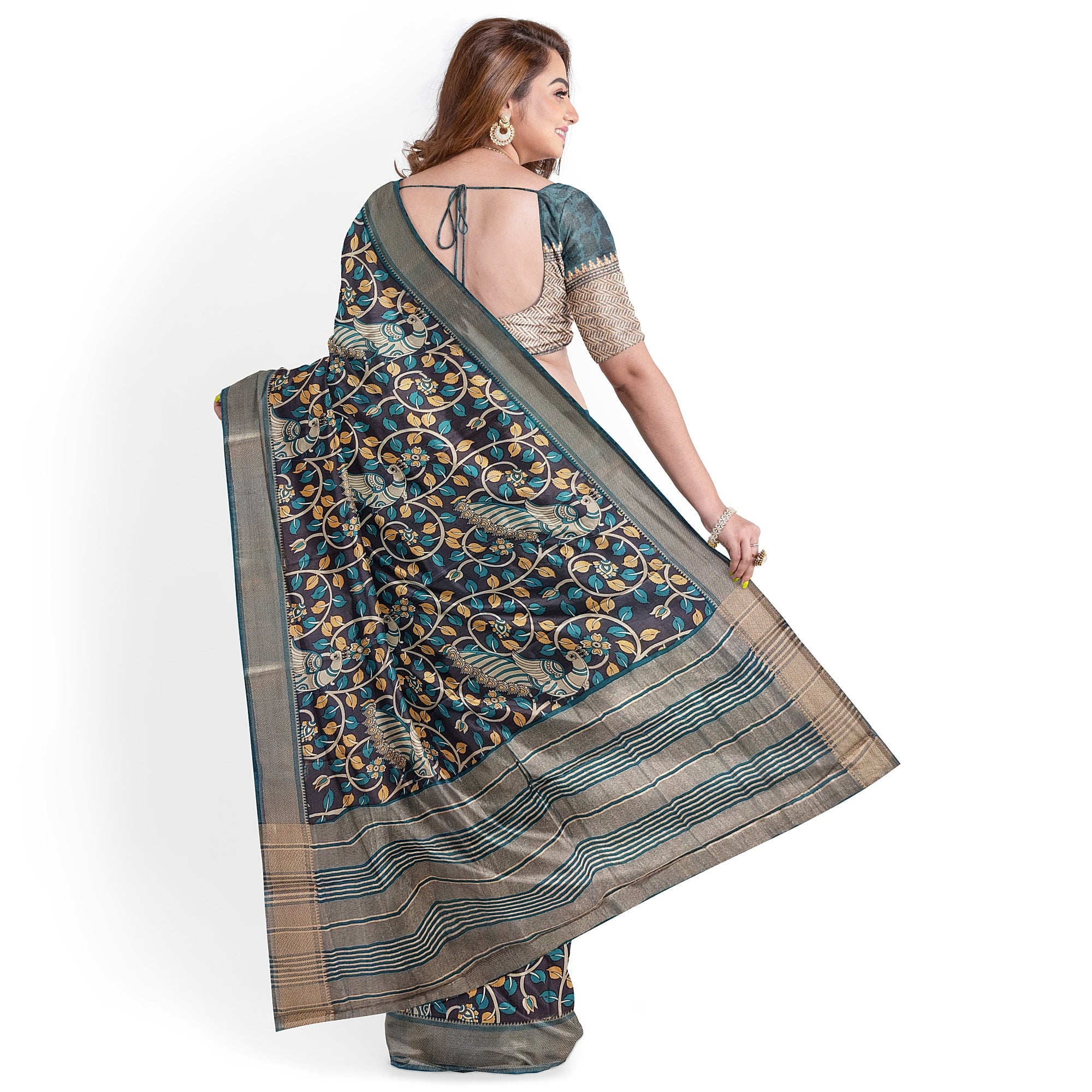 Printed Raw Silk Saree with Floral Design – Elegant Designer Saree for Special Occasions