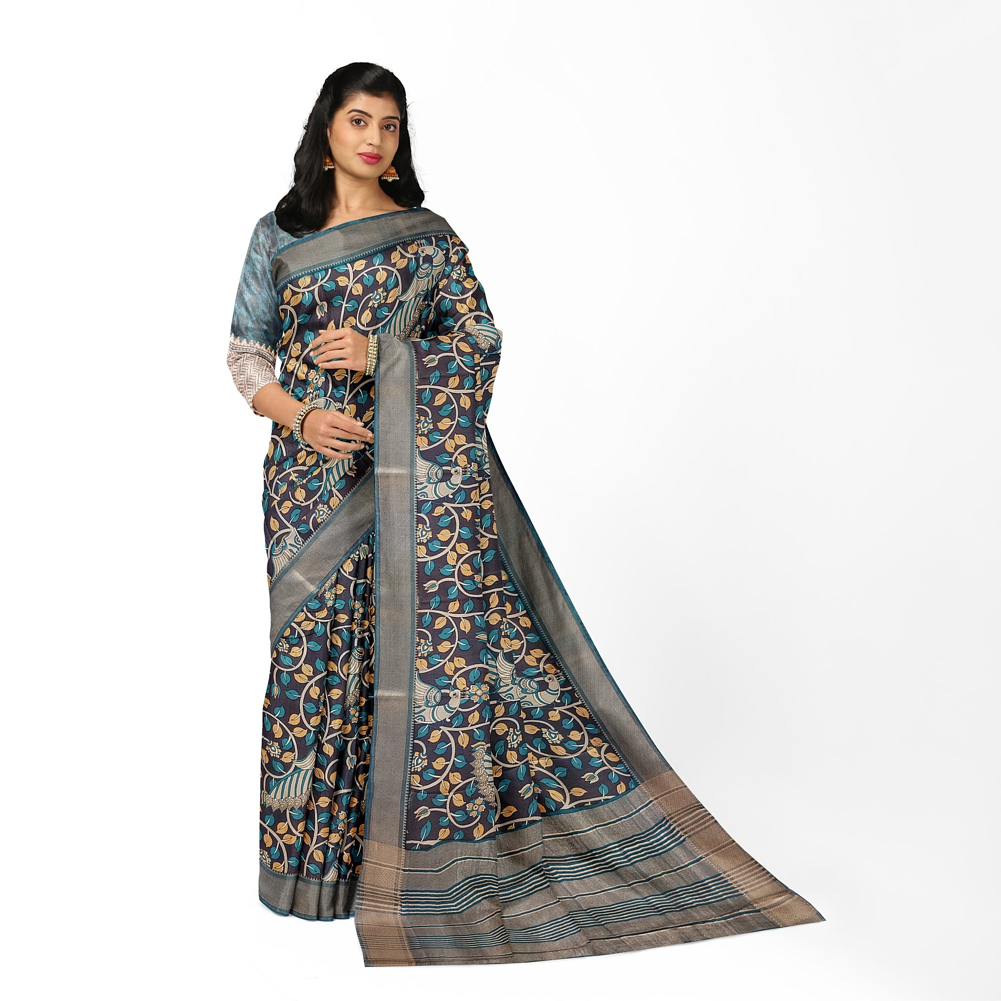 Printed Raw Silk Saree with Floral Design – Elegant Designer Saree for Special Occasions