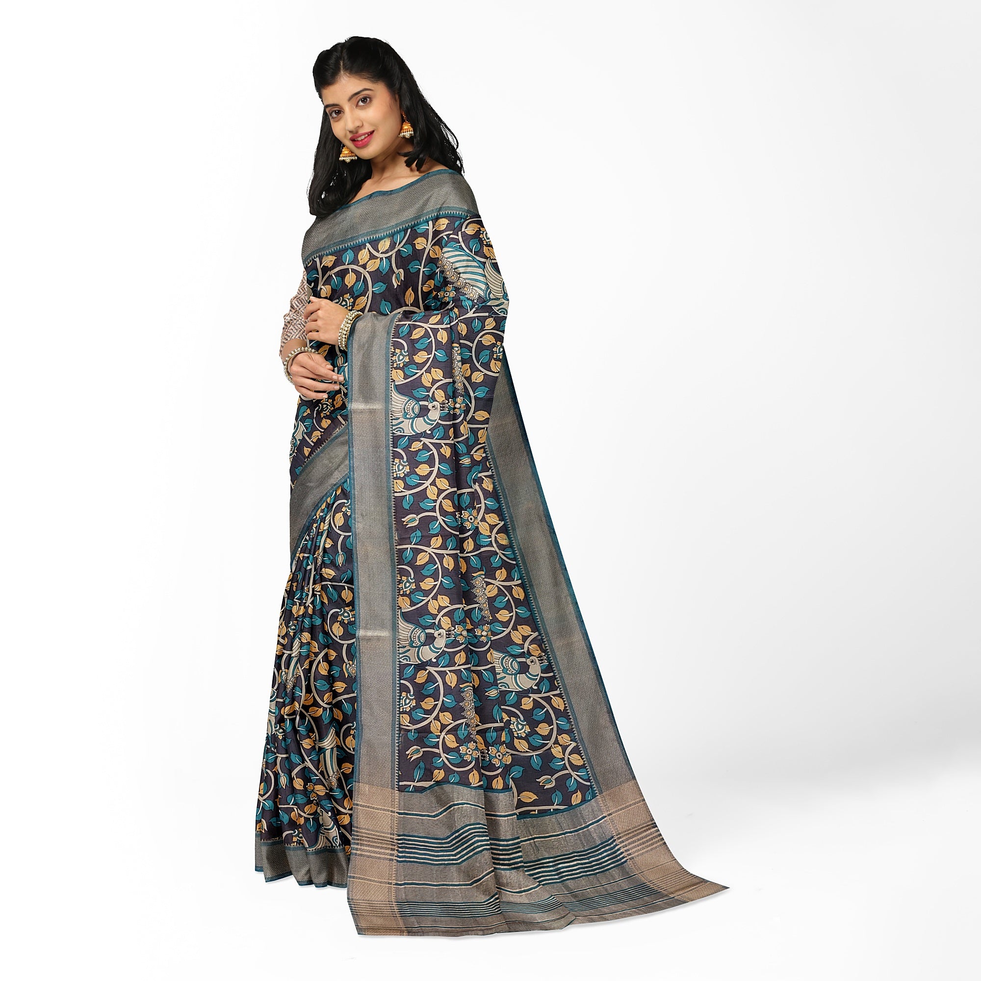 Printed Raw Silk Saree with Floral Design – Elegant Designer Saree for Special Occasions