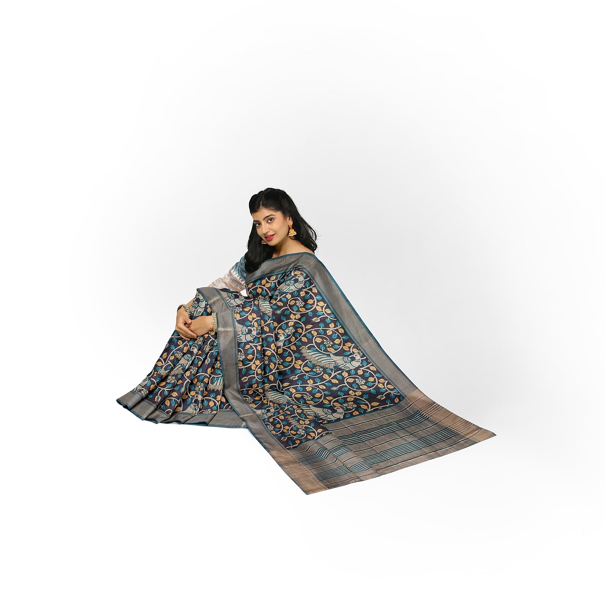 Printed Raw Silk Saree with Floral Design – Elegant Designer Saree for Special Occasions