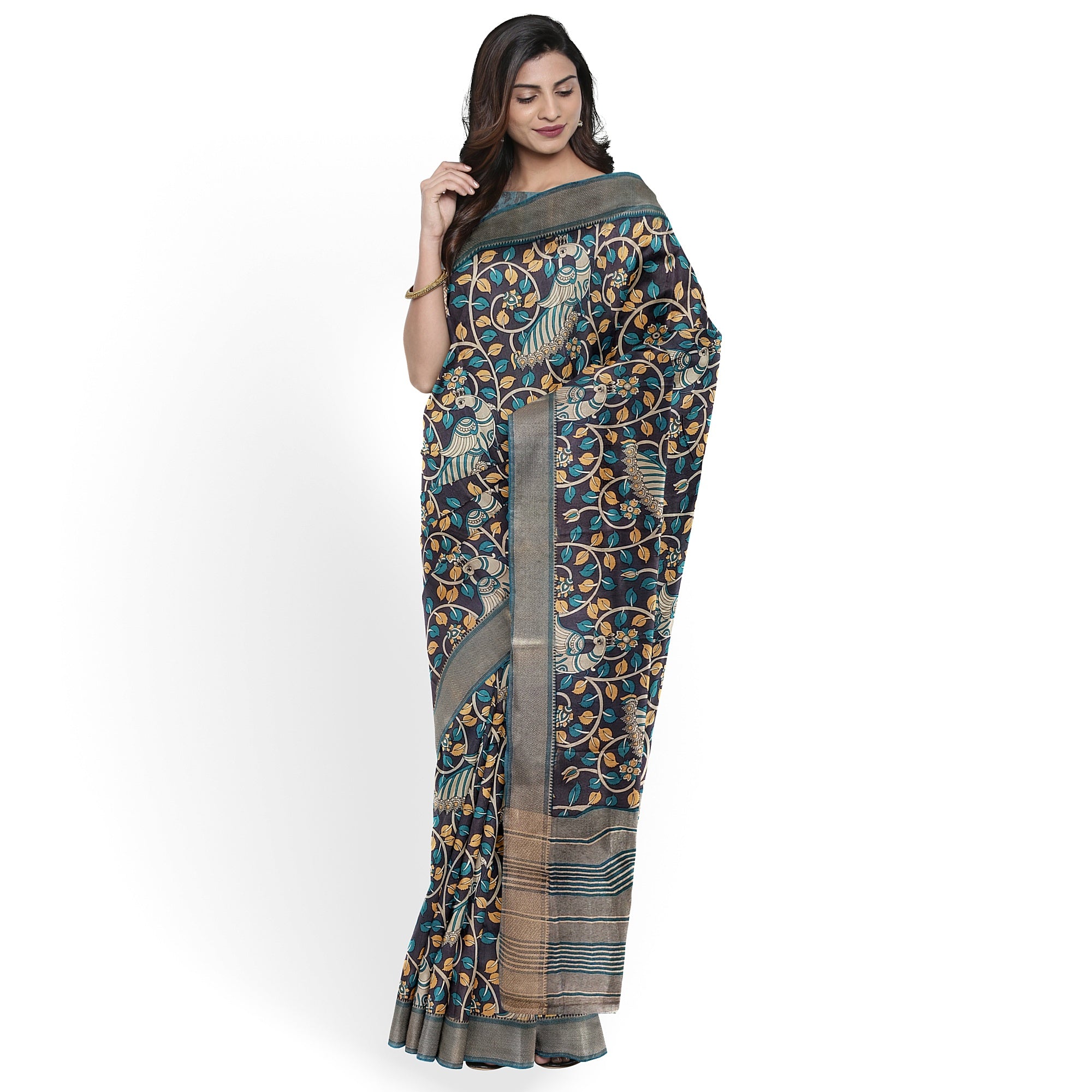 Printed Raw Silk Saree with Floral Design – Elegant Designer Saree for Special Occasions