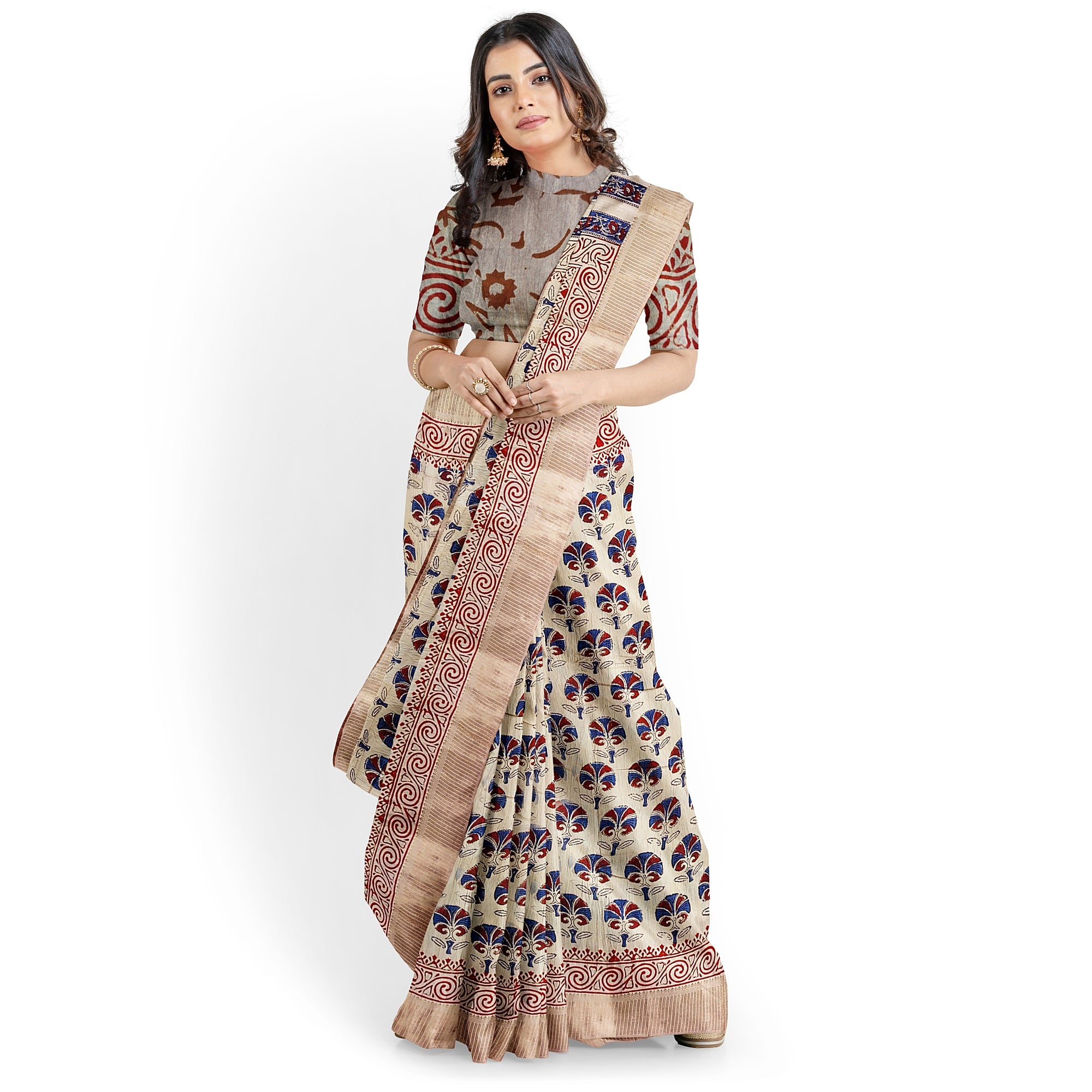 Cream Raw Silk Saree with Exquisite Floral Work – Elegant Traditional Saree Online