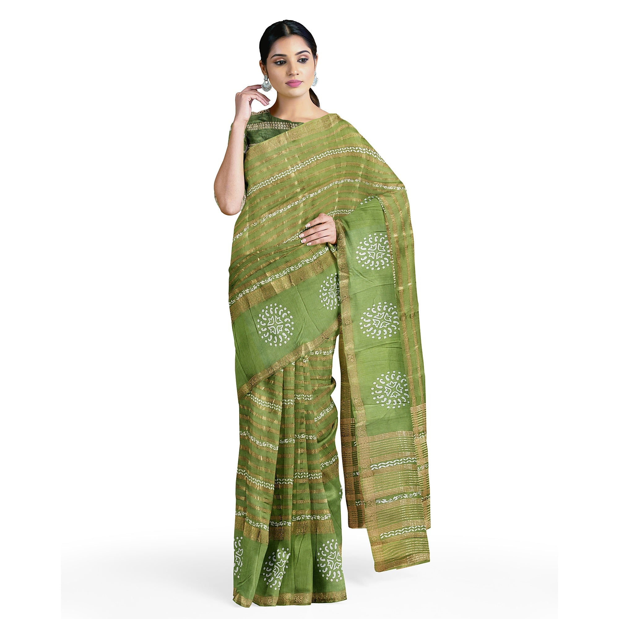 Green Raw Silk Fancy Saree with Printed Border – Sophisticated Charm in Every Thread