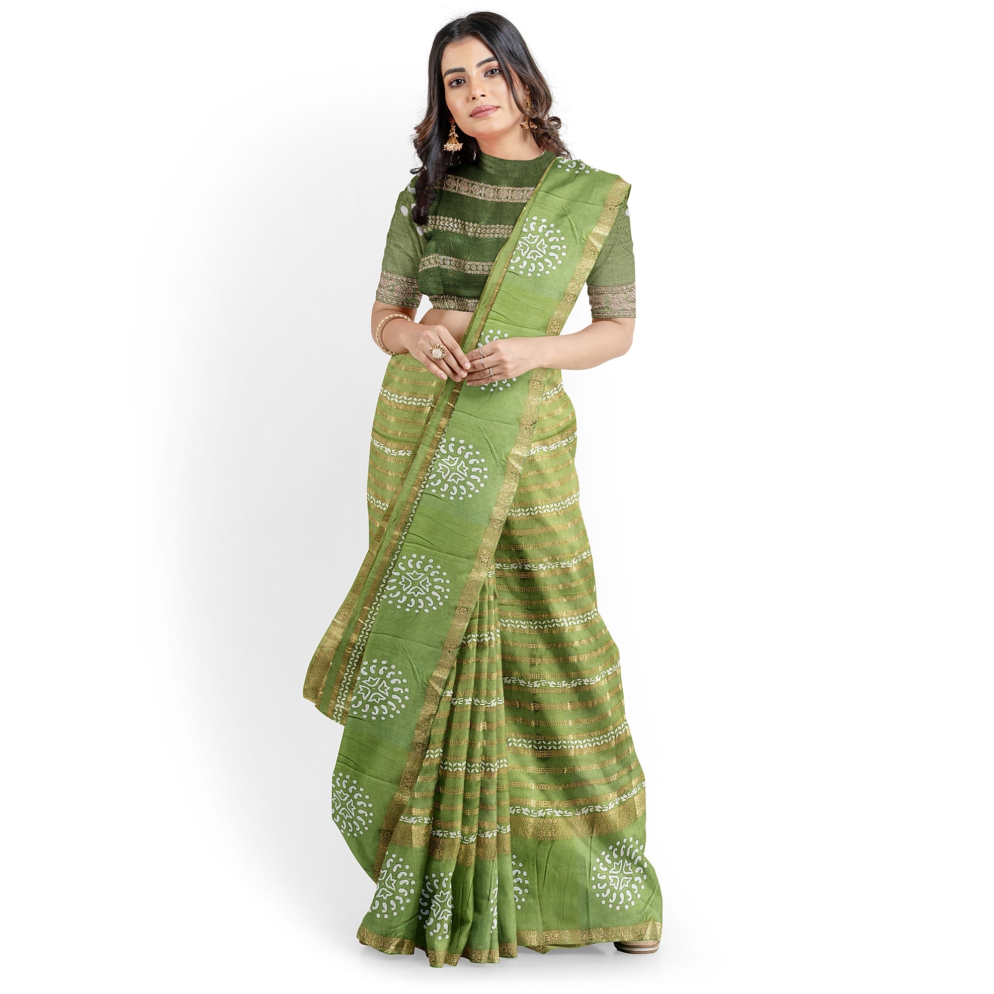 Green Raw Silk Fancy Saree with Printed Border – Sophisticated Charm in Every Thread