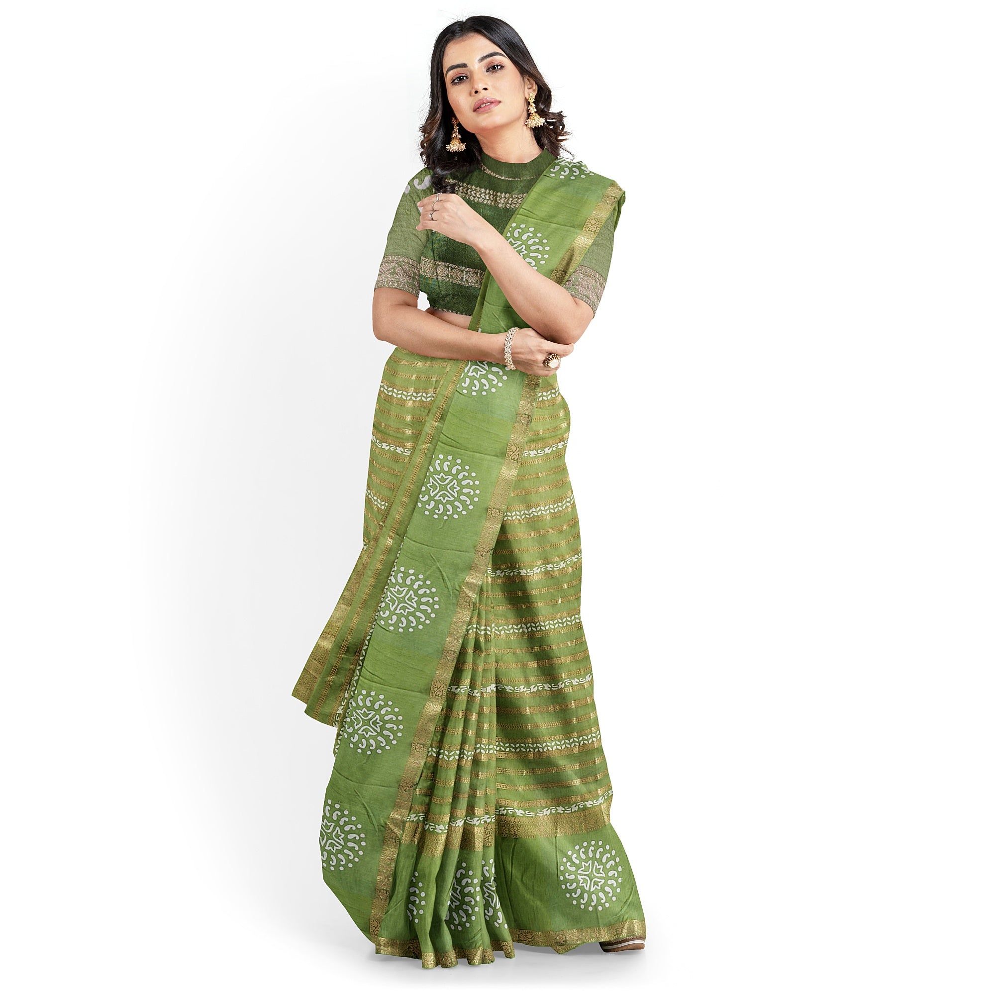 Green Raw Silk Fancy Saree with Printed Border – Sophisticated Charm in Every Thread