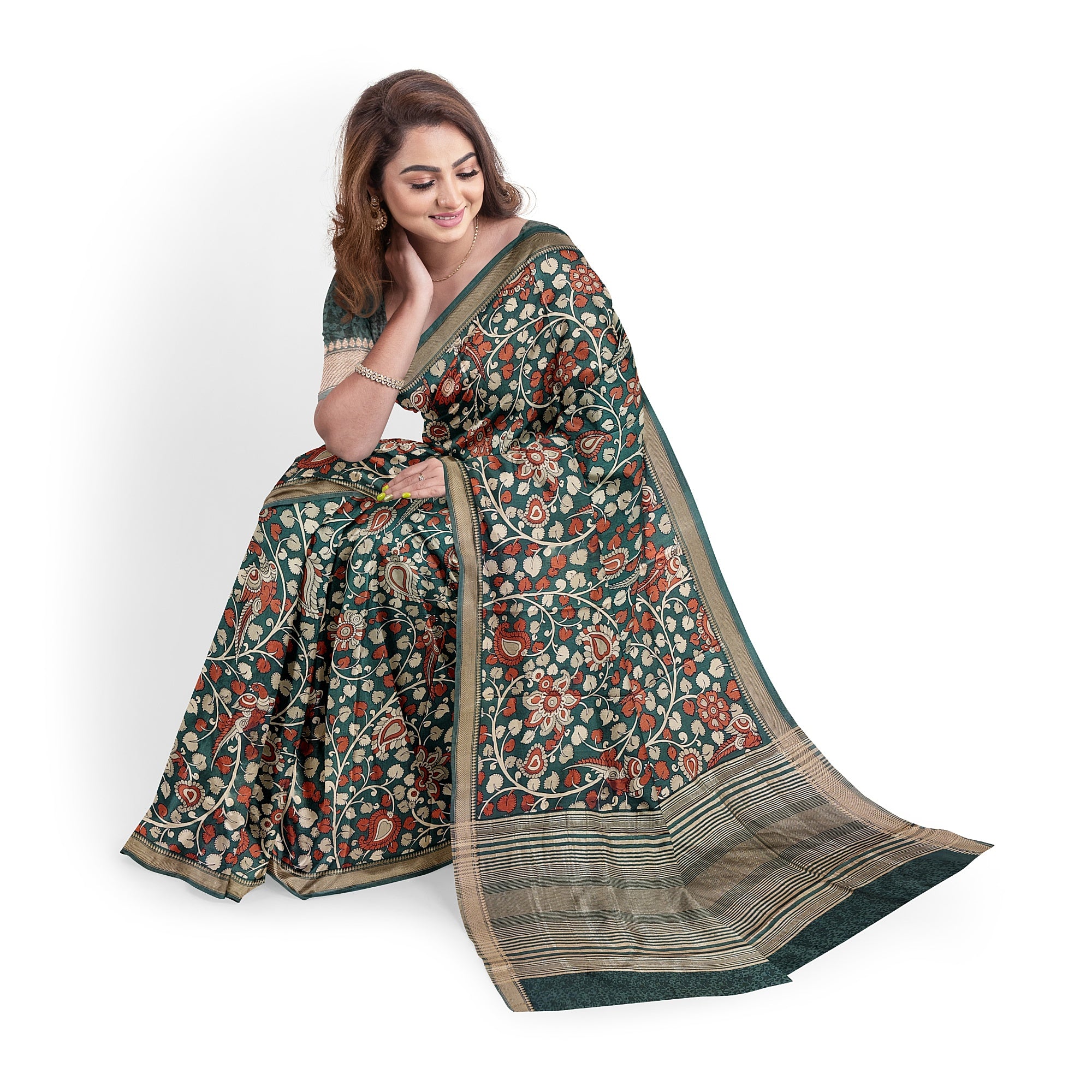 Green Saree with Floral Print – Elegant Designer Saree for Weddings and Festive Occasions