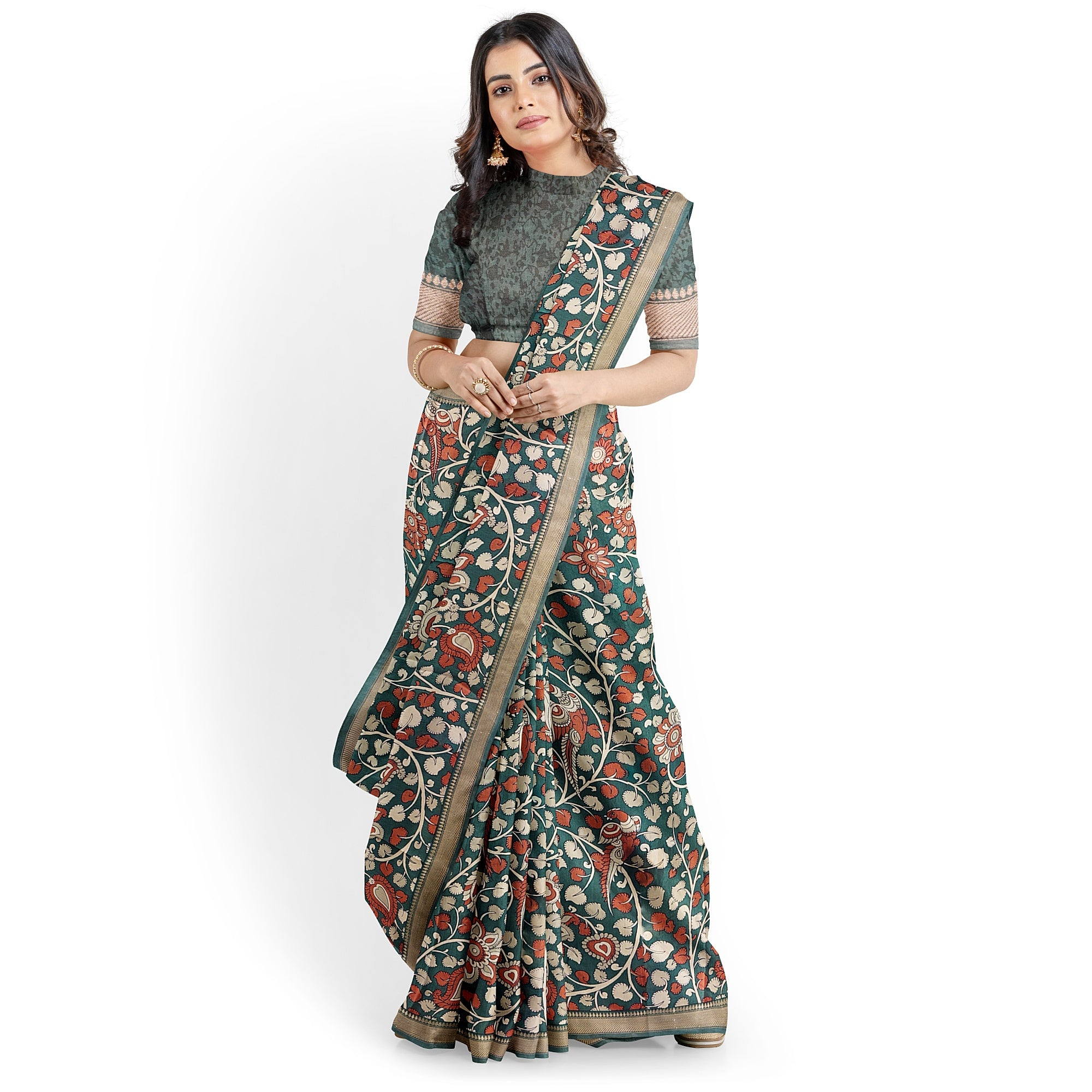 Green Saree with Floral Print – Elegant Designer Saree for Weddings and Festive Occasions