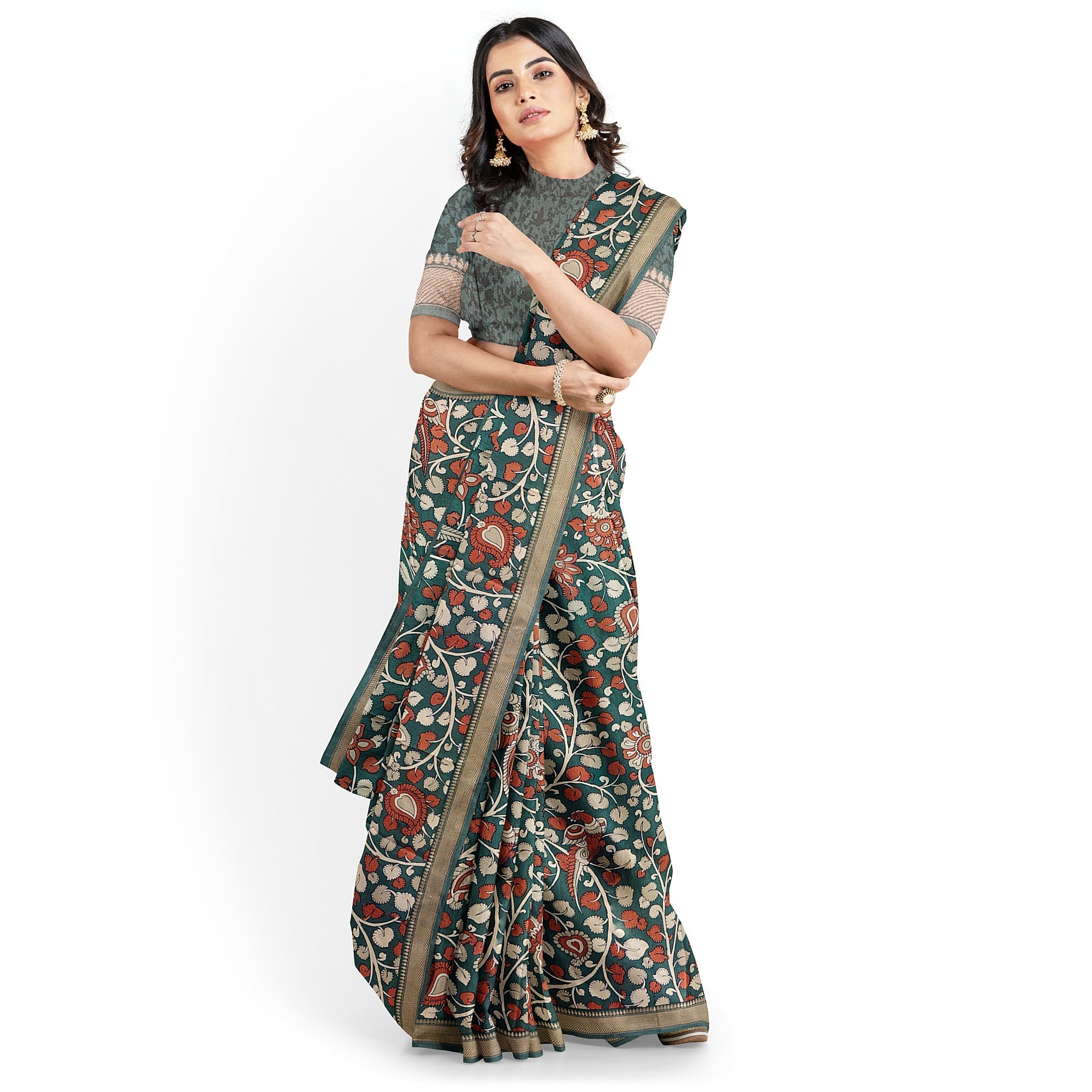 Green Saree with Floral Print – Elegant Designer Saree for Weddings and Festive Occasions