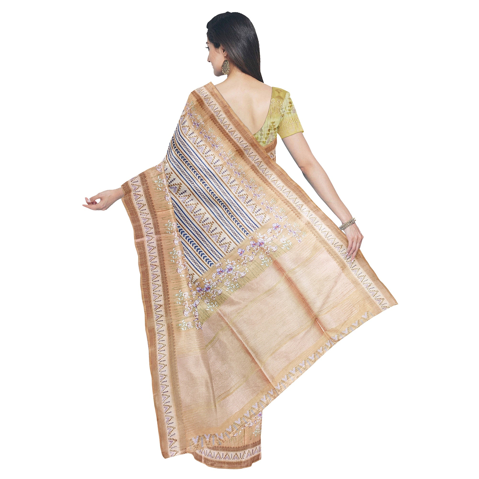 Yellow Fancy Raw Silk Saree with Prints & Tassels – Shop Online