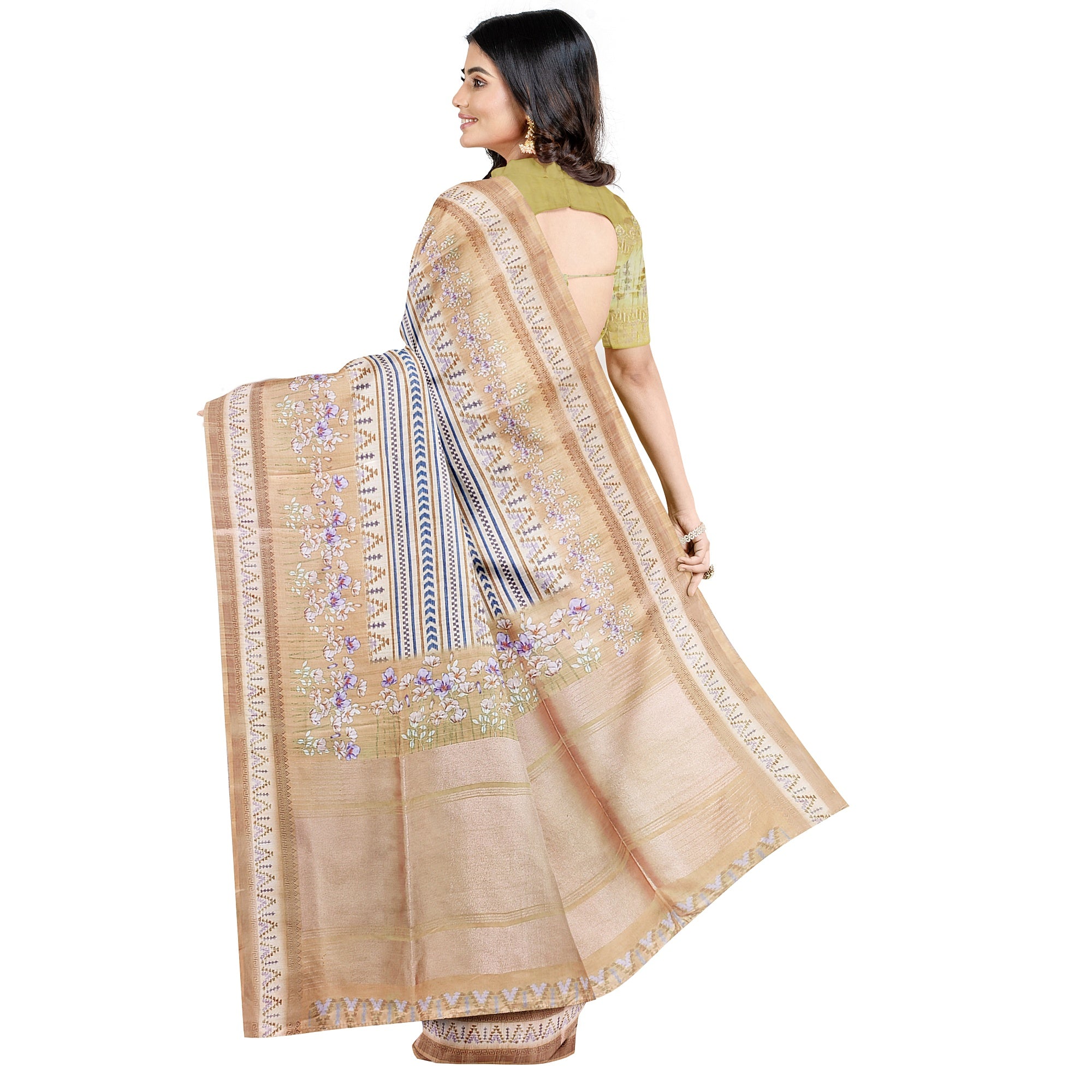 Yellow Fancy Raw Silk Saree with Prints & Tassels – Shop Online