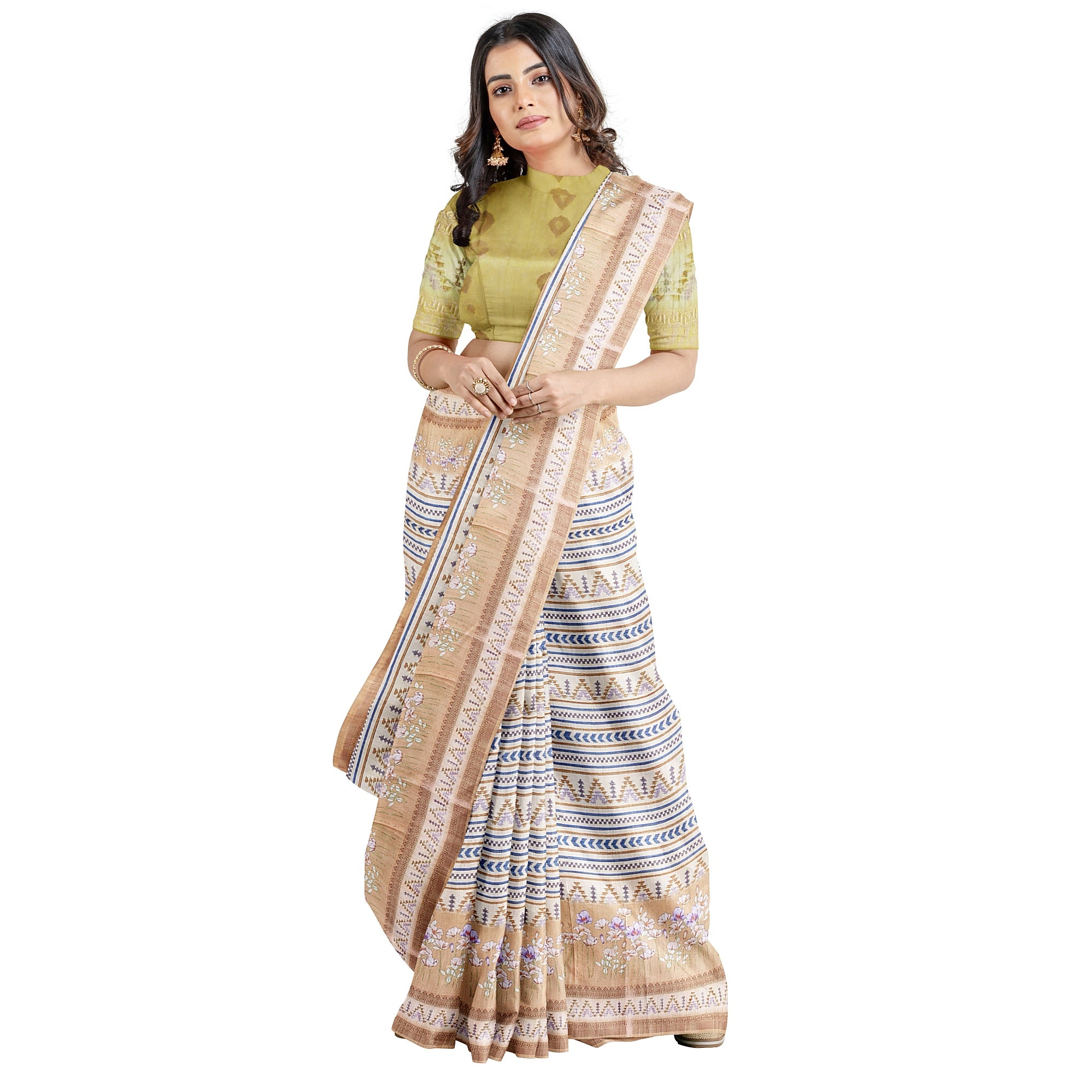Yellow Fancy Raw Silk Saree with Prints & Tassels – Shop Online