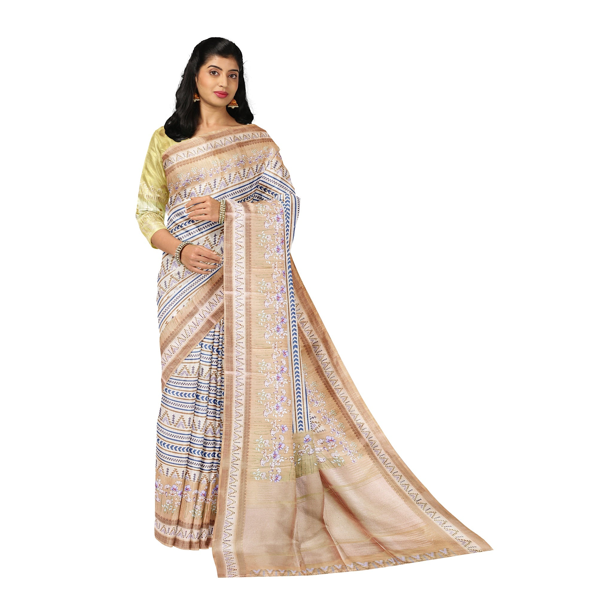 Yellow Fancy Raw Silk Saree with Prints & Tassels – Shop Online