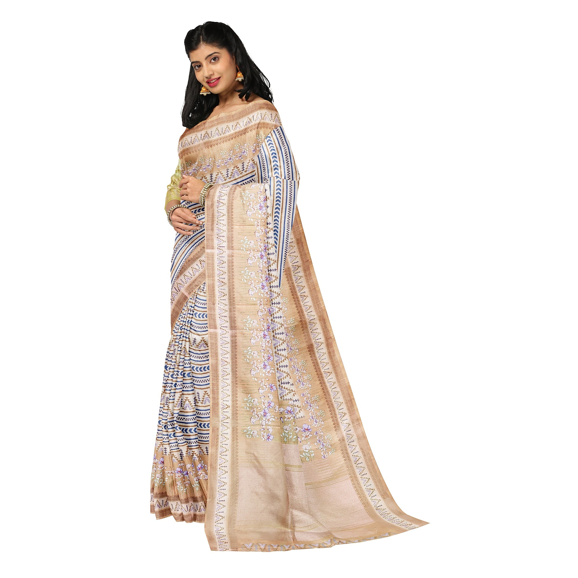 Yellow Fancy Raw Silk Saree with Prints & Tassels – Shop Online