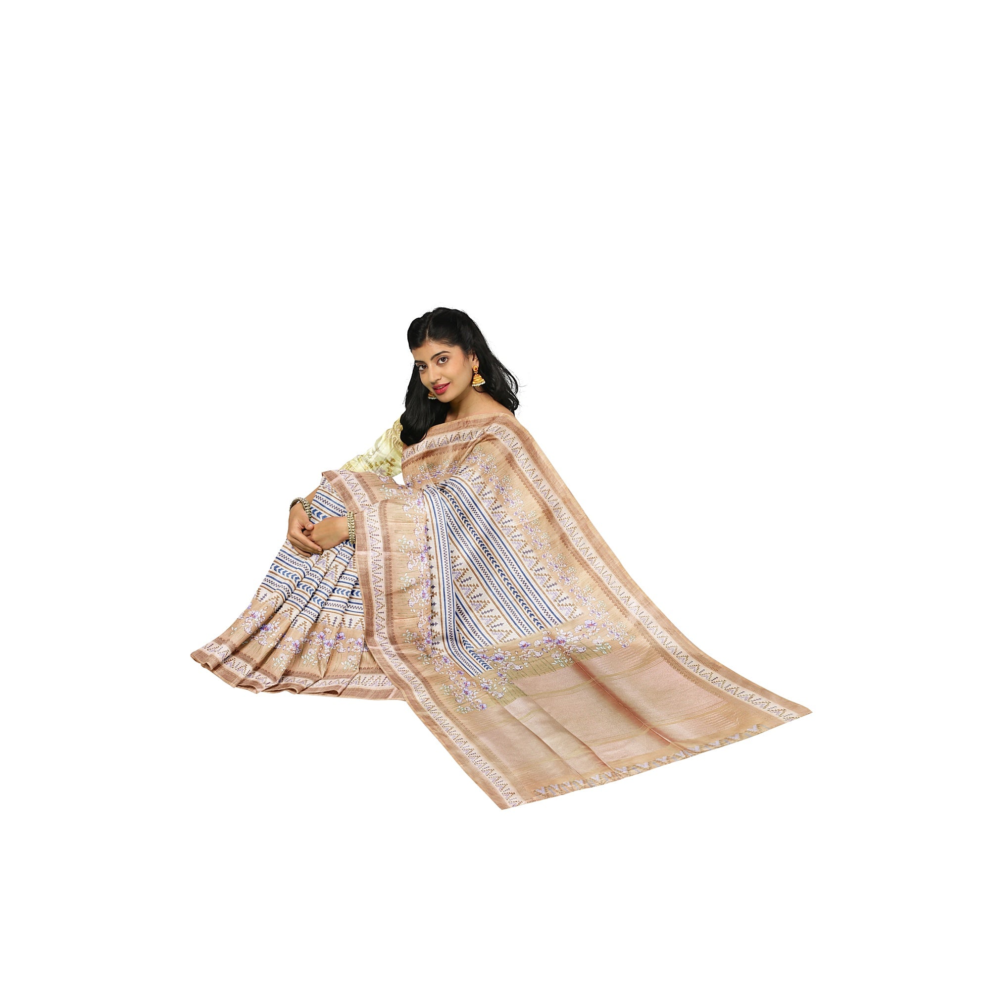 Yellow Fancy Raw Silk Saree with Prints & Tassels – Shop Online