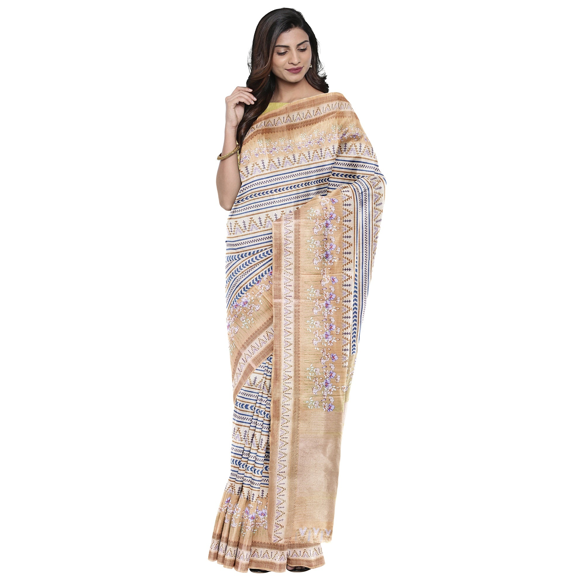 Yellow Fancy Raw Silk Saree with Prints & Tassels – Shop Online