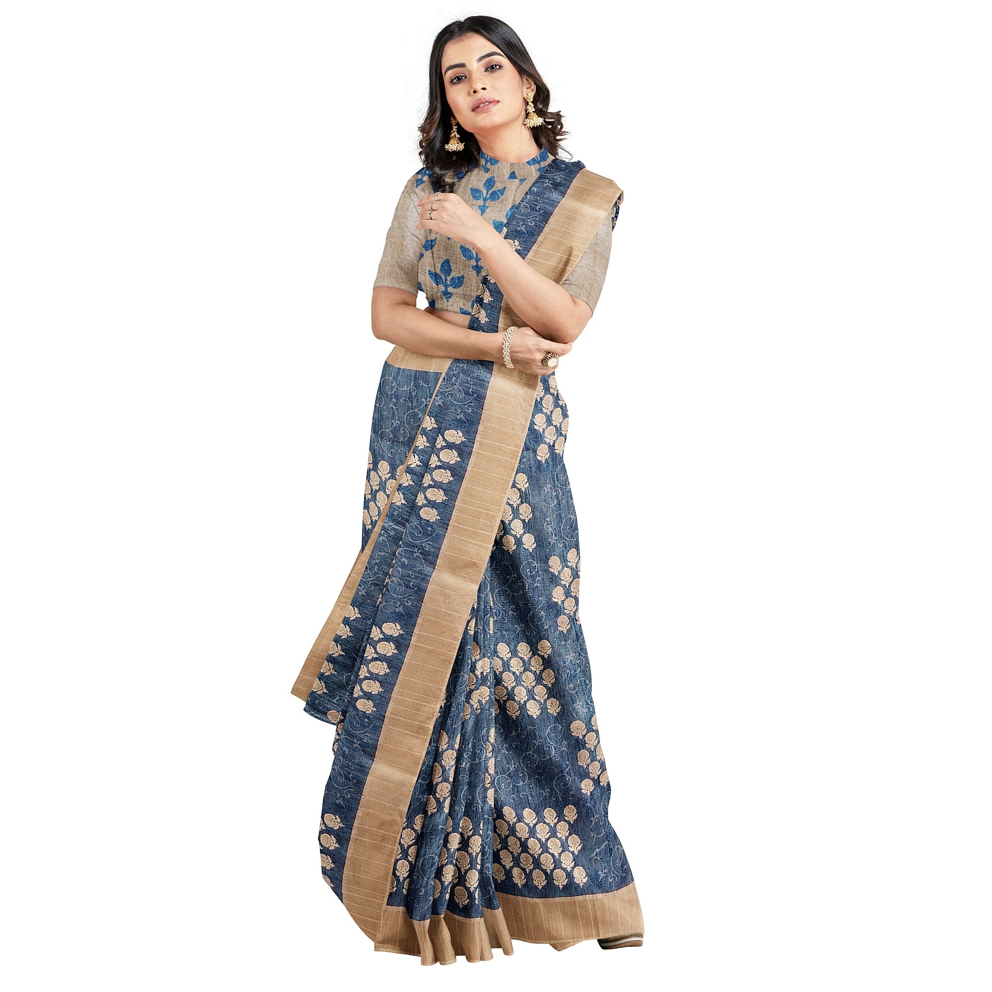 Blue Raw Silk Saree with Embroidery Work – Shop Online