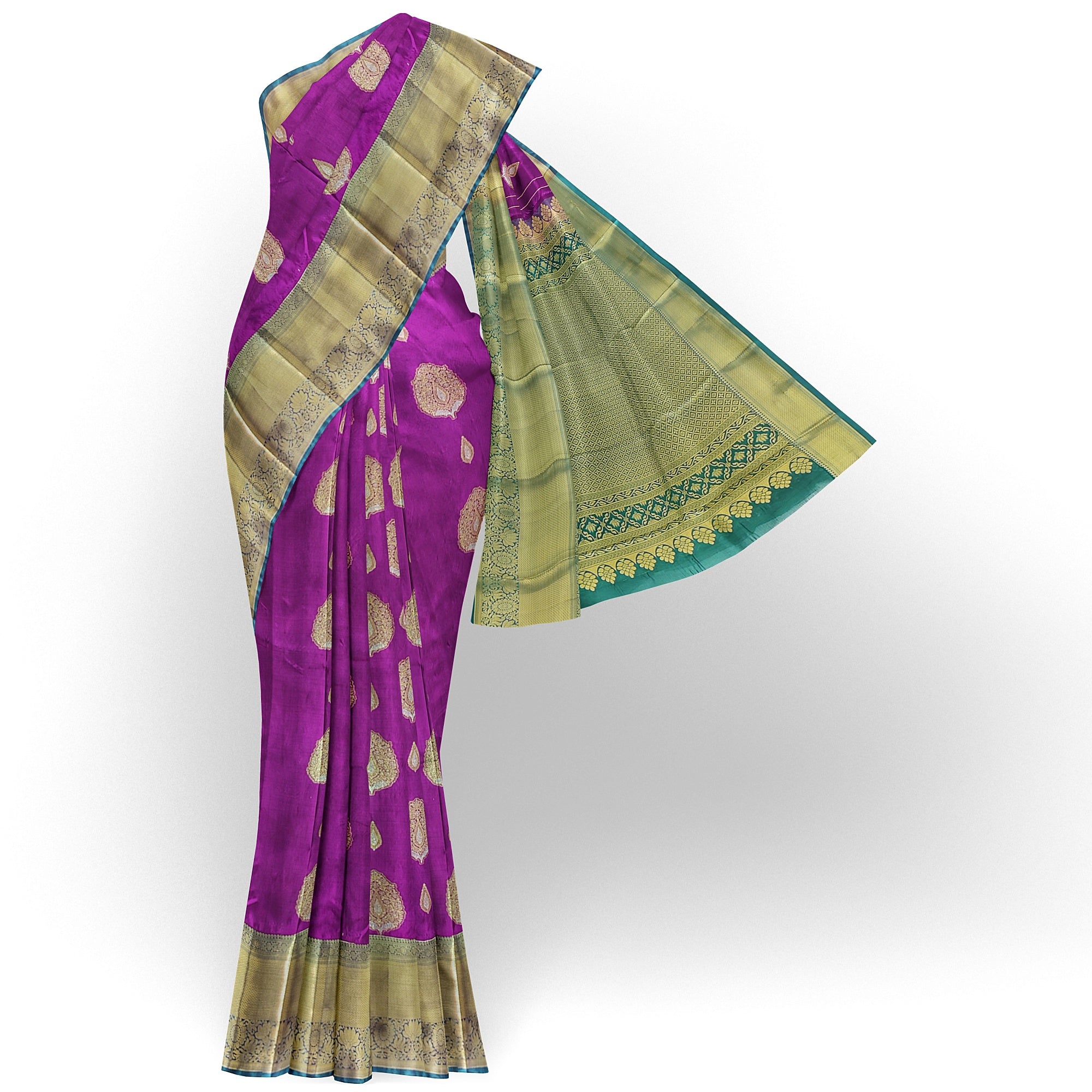Wine Saree with Green Contrast Border – A Regal Statement of Elegance - New Sudarshan Silks`