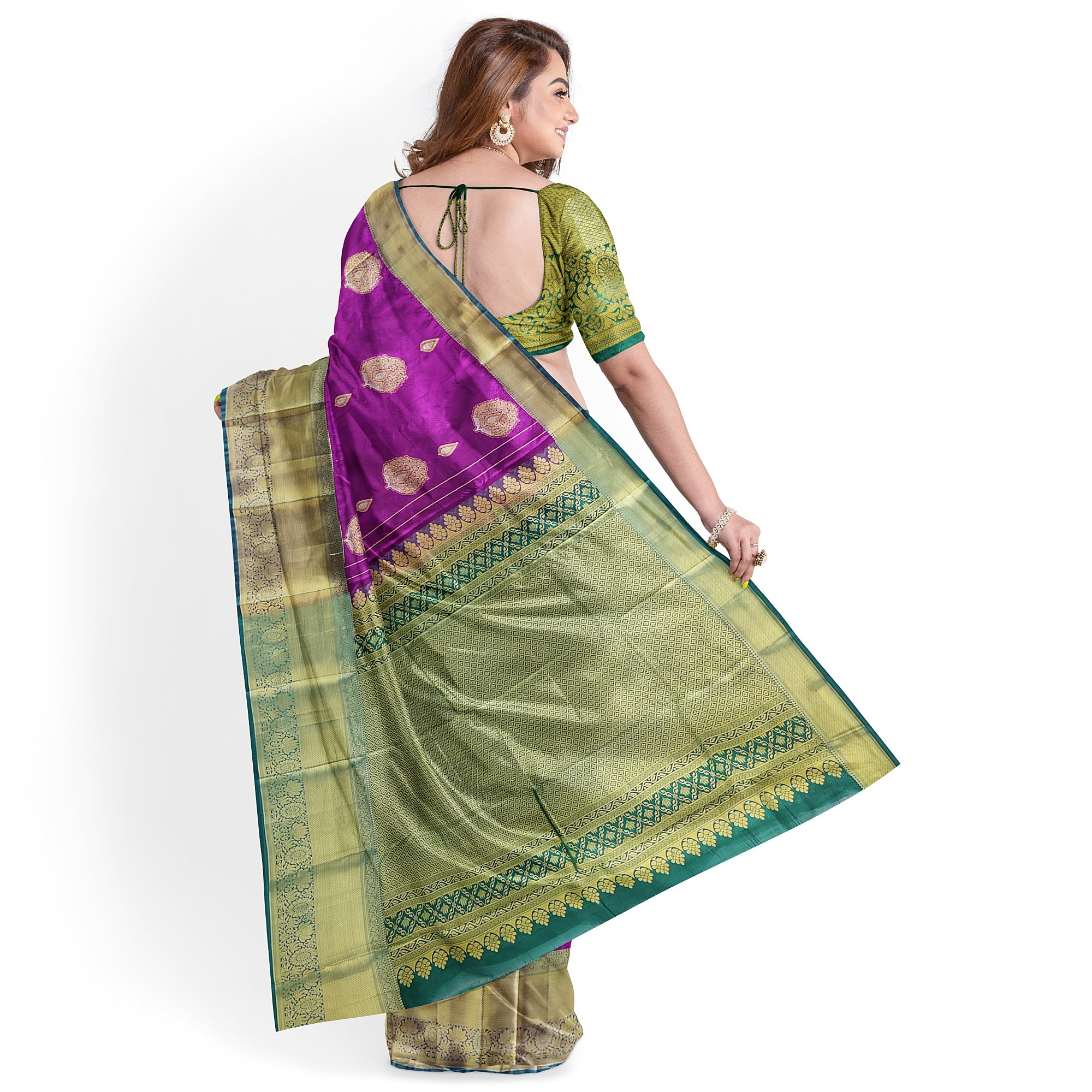 Wine Saree with Green Contrast Border – A Regal Statement of Elegance - New Sudarshan Silks`
