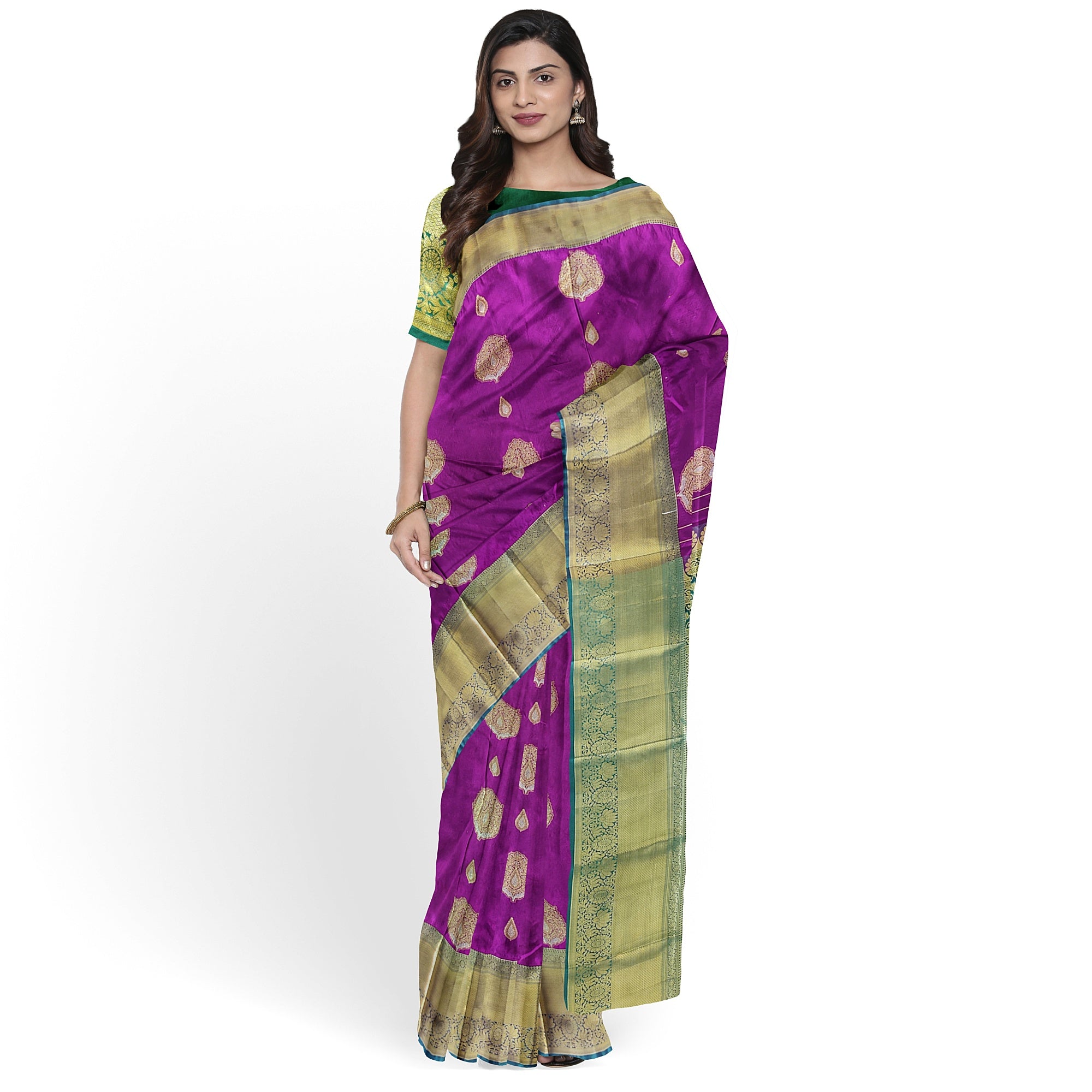 Wine Saree with Green Contrast Border – A Regal Statement of Elegance - New Sudarshan Silks`