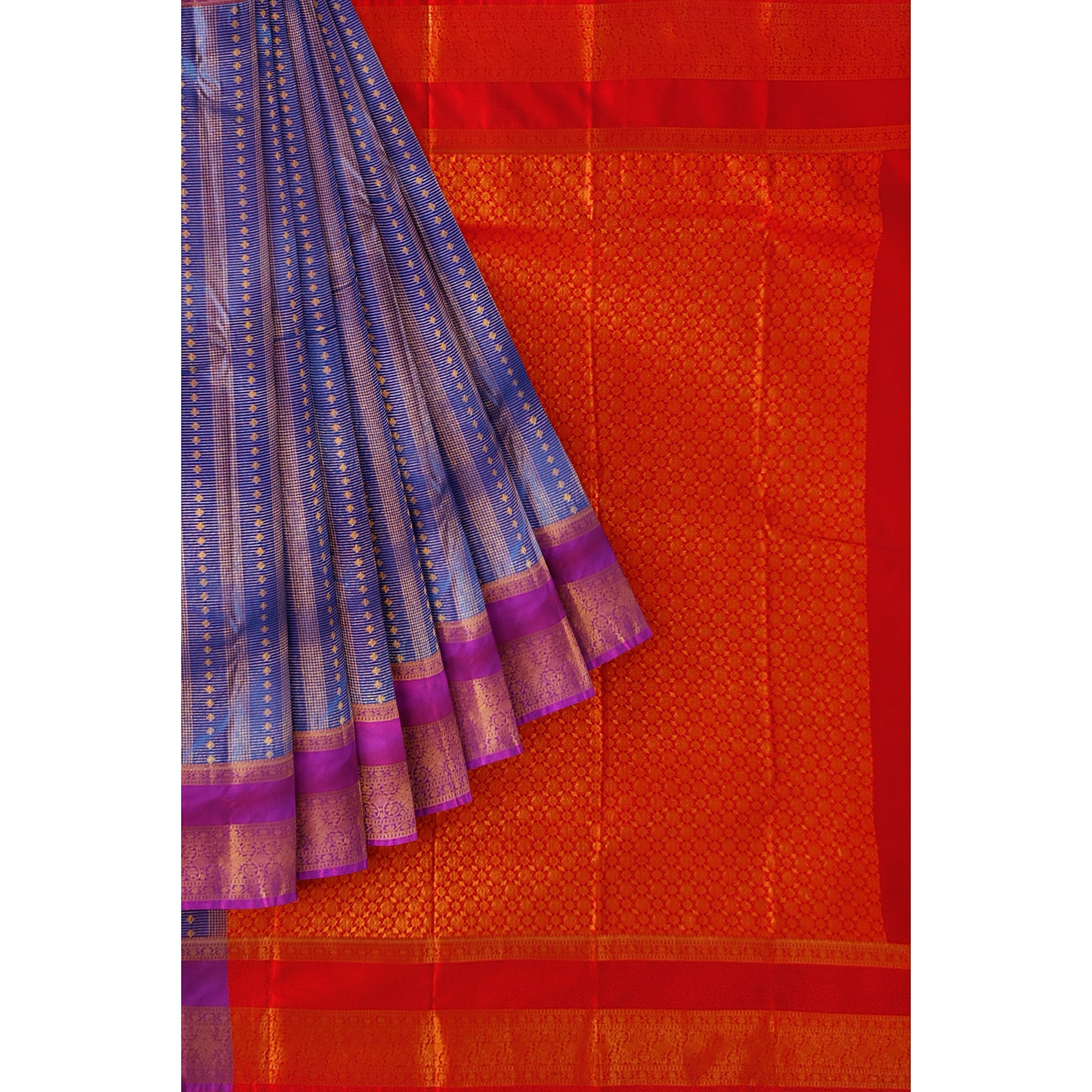 Blue Checks Saree with Zari Work and Purple Double Shade Border – Graceful Heritage Look - New Sudarshan Silks`