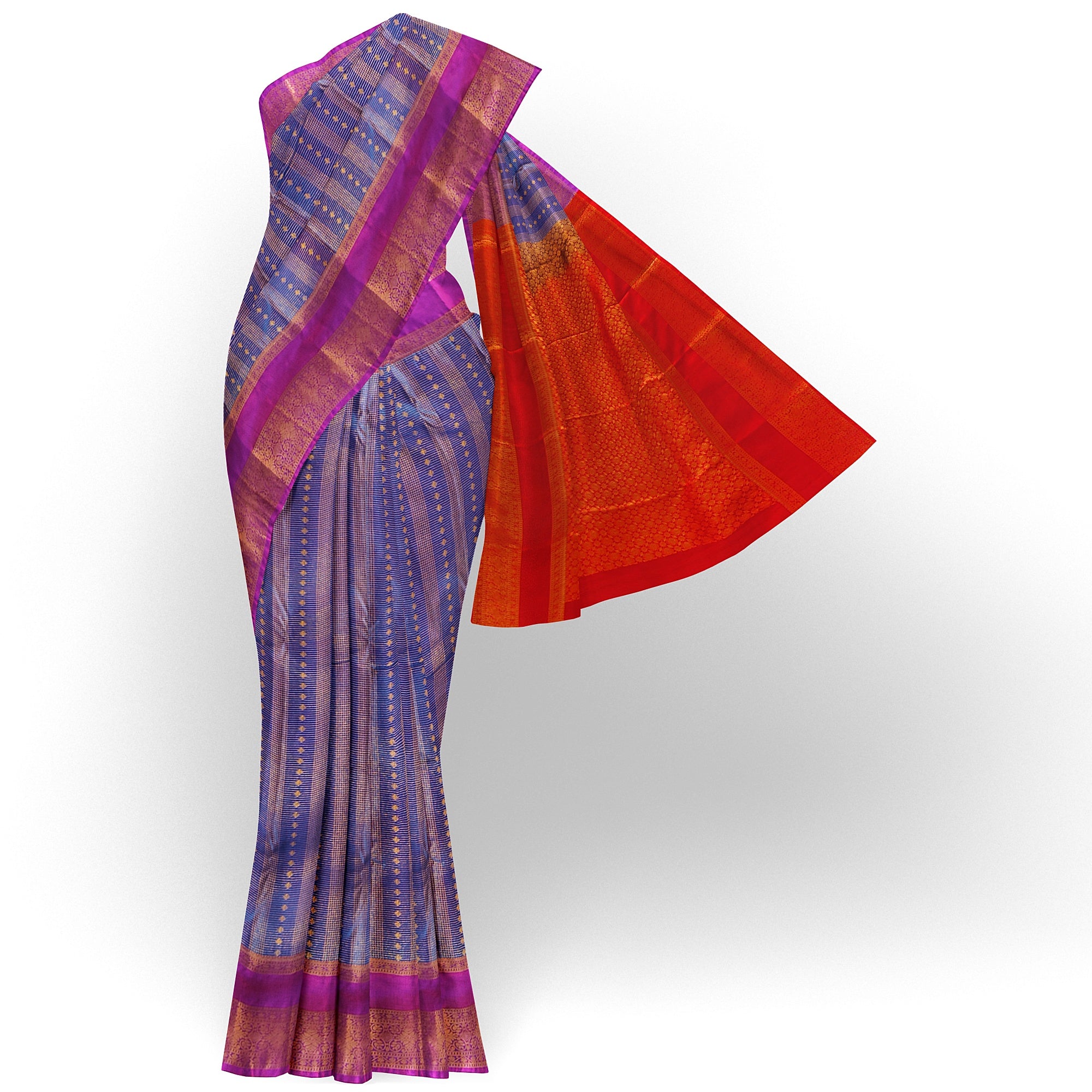 Blue Checks Saree with Zari Work and Purple Double Shade Border – Graceful Heritage Look - New Sudarshan Silks`