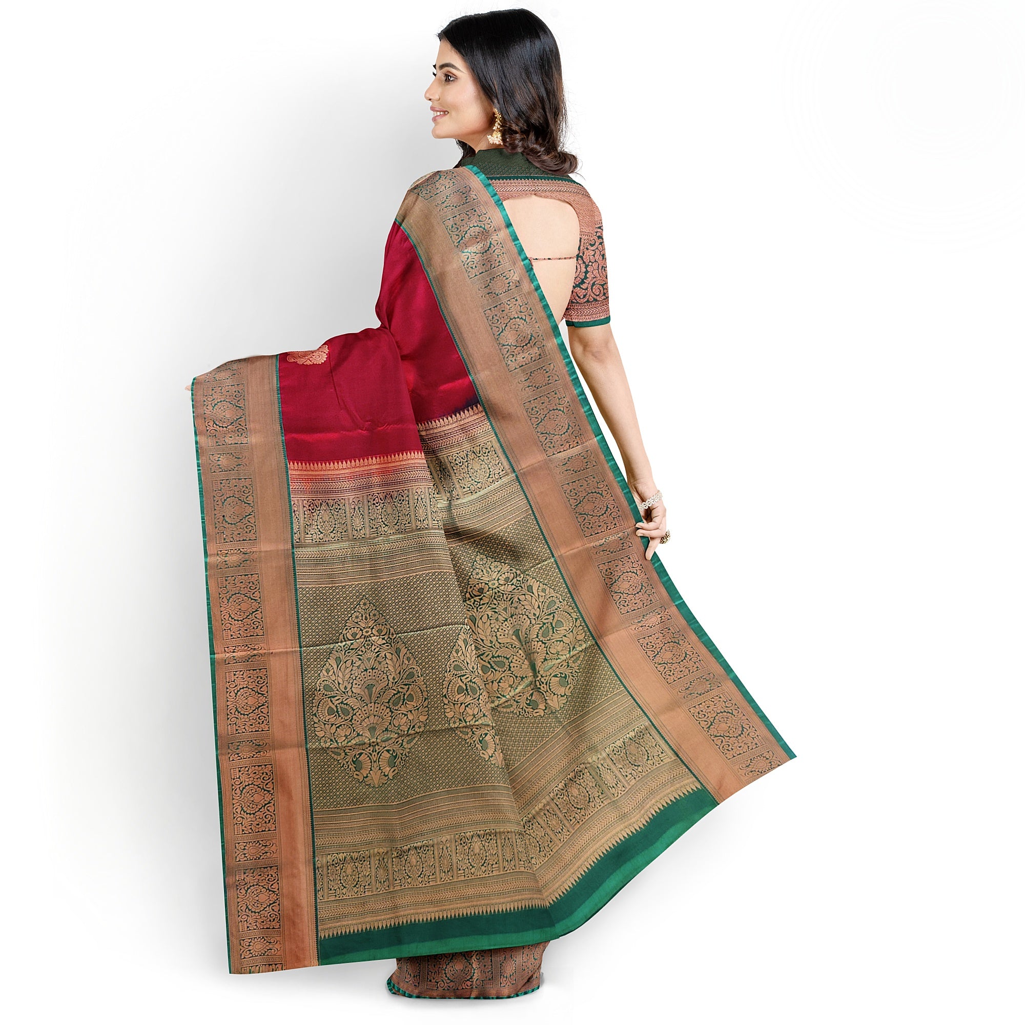 Brick Brown Saree with Green Border – Retro Style Traditional Elegance - New Sudarshan Silks`