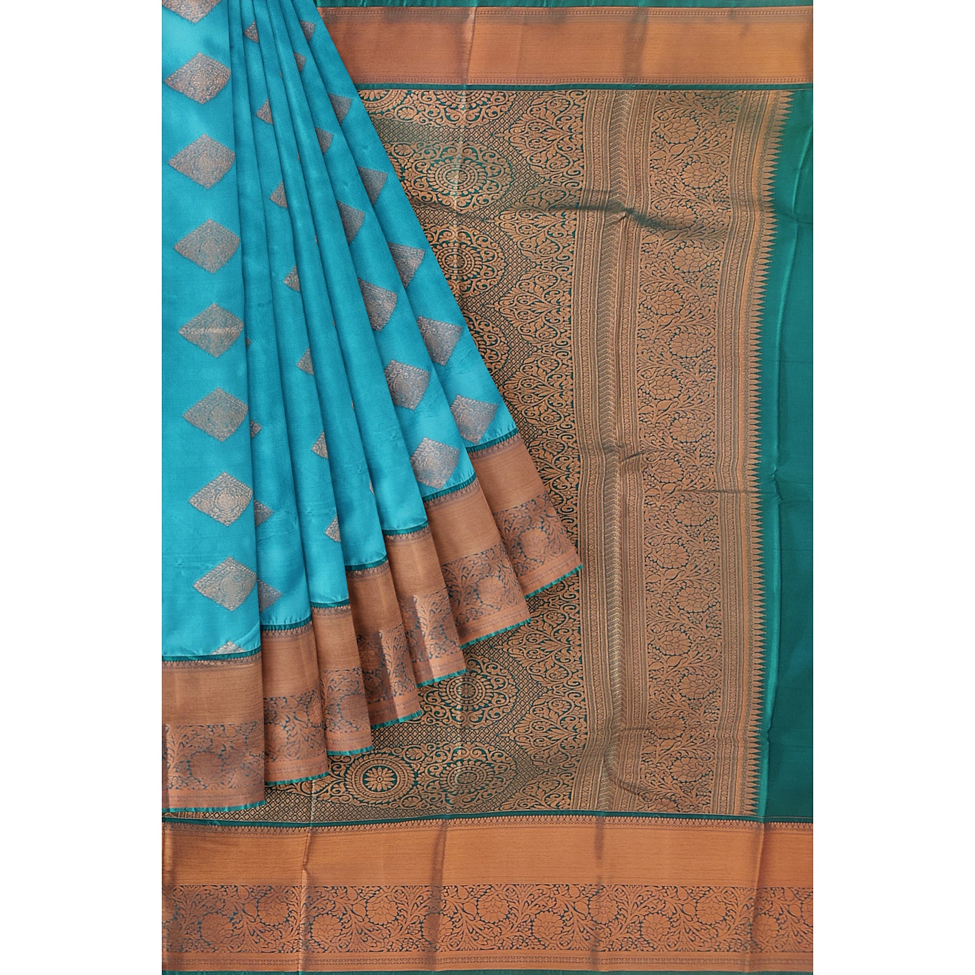 Sky Blue Fancy Silk Saree with Green Border – Elegant and Vibrant Charm - New Sudarshan Silks`