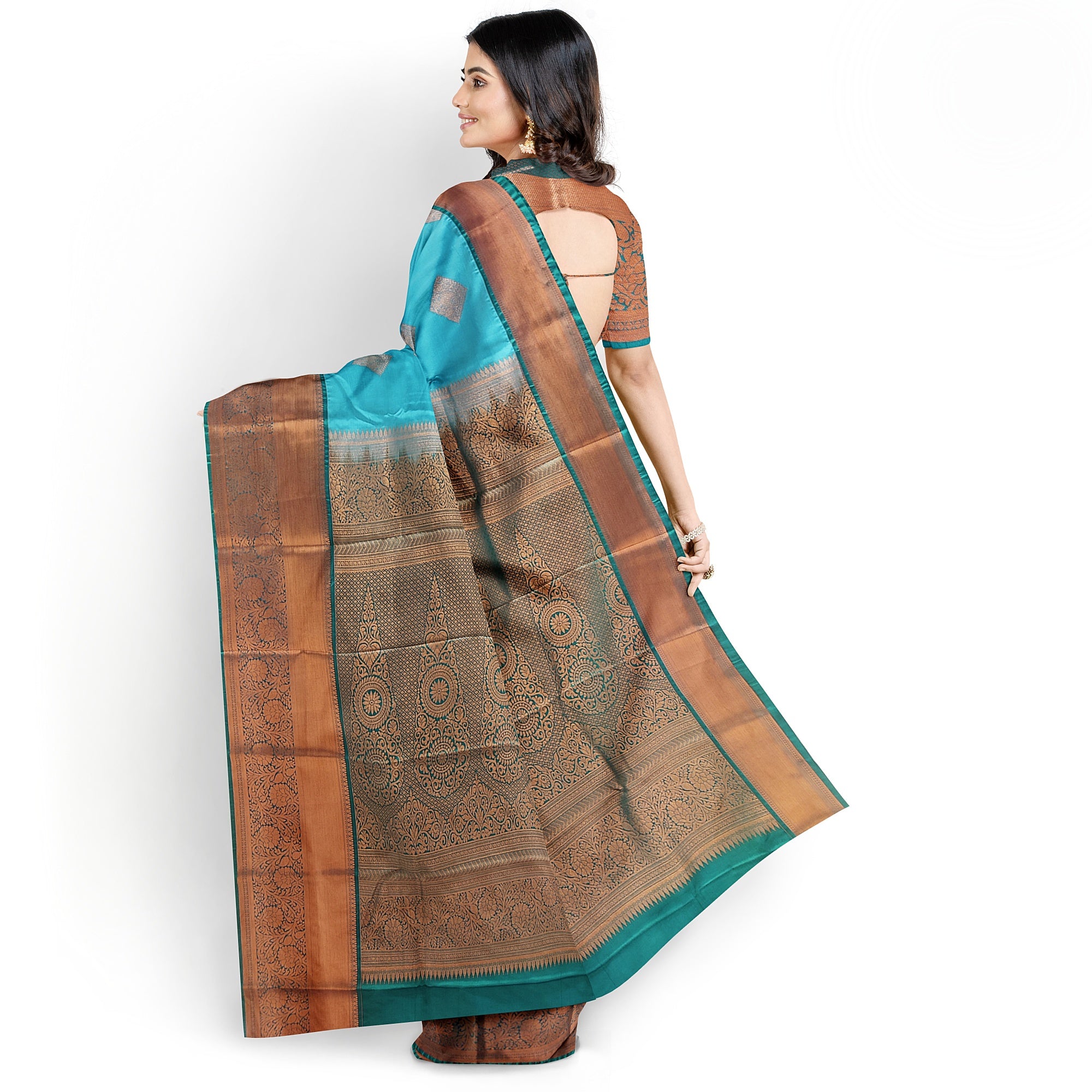 Sky Blue Fancy Silk Saree with Green Border – Elegant and Vibrant Charm - New Sudarshan Silks`