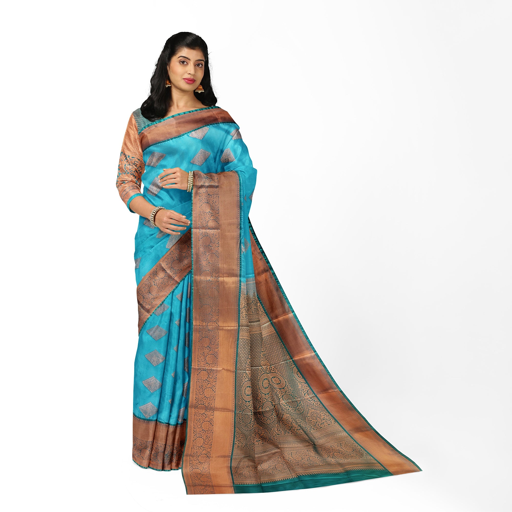 Sky Blue Fancy Silk Saree with Green Border – Elegant and Vibrant Charm - New Sudarshan Silks`