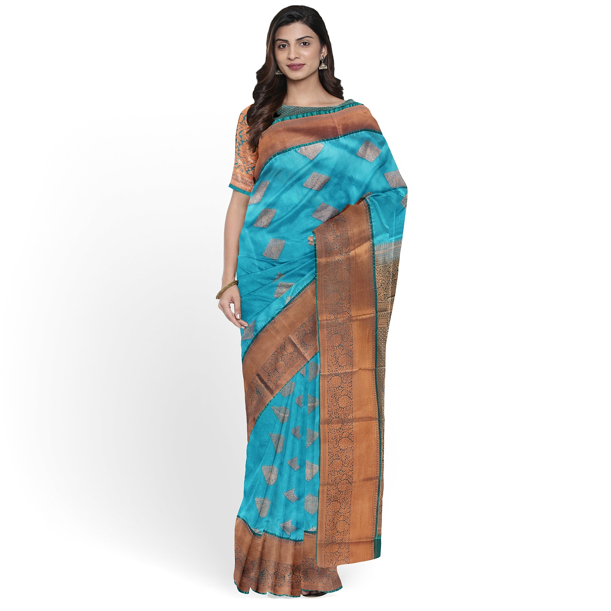 Sky Blue Fancy Silk Saree with Green Border – Elegant and Vibrant Charm - New Sudarshan Silks`