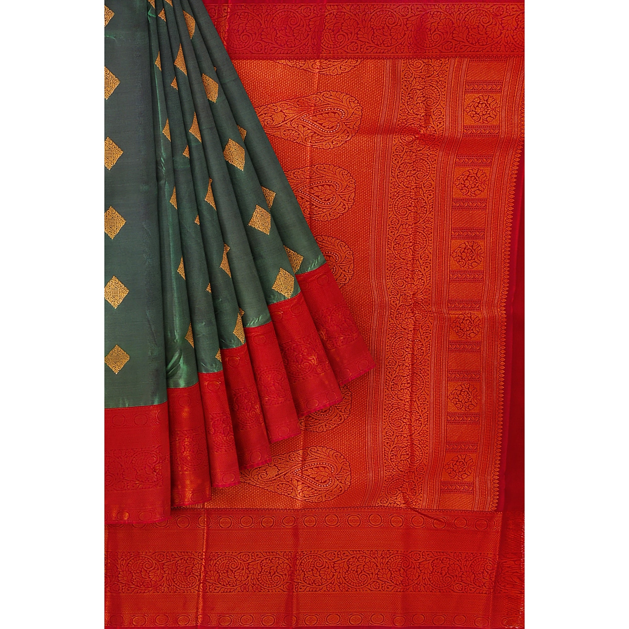 Parrot Green Saree with Red Traditional Border – A Classic Blend of Heritage and Grace - New Sudarshan Silks`
